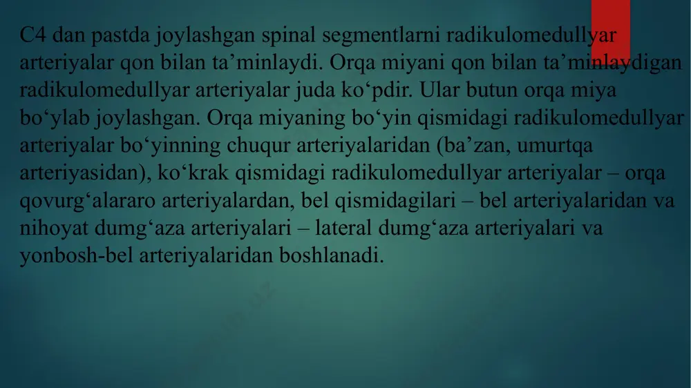 ingdek, suyak-tog‘ay to‘qimasi qalinlashsa va osteofitlar paydo bo‘lsa ham umurtqalararo teshik torayadi. radikulomedullyar arteriyalar o‘tadigan umurtqalararo teshikning torayishi, albatta, vaskulyar mieloishemiyaga olib keladi. bu sohadagi umurtqalarning har qanday harakatlari shu yerdan o‘tuvchi radikulomedullyar arteriyalarni siqib qo‘yadi. spinal reseptorlarning qo‘zg‘alishi radikulomedullar arteriyalarning reflektor spazmi va spinal qon aylanishning buzilishiga olib keladi. reflektor tarzda namoyon bo‘luvchi spinal ishemiyalar o‘tib ketuvchi xususiyatga ega. radikulomedullyar arteriyalar kompressiyasi pastki bel disklari tushishi sababli ham rivojlanadi. osteoxondroz va uning asoratlari sababli rivojlanadigan spinal qon aylanishning buzilishlariga «vertebrogen vaskulyar mieloishemiyalar» deb aytiladi. klinikasi. orqa miyada qon aylanishining surunkali yetishmovchiligi ko‘pincha lokal simptomlar bilan namoyon bo‘ladi. kasallik klinikasi orqa miyaning qaysi sohasida qanday arteriyaning zararlanganiga bog‘liq. orqa miyada qon aylanishining quyidagi buzilishlari farq qilinadi: 1) spinal qon aylanishning o‘tib ketuvchi buzilishlari; 2) spinal insultlar (ishemik va gemorragik); 3) spinal qon aylanishning surunkali buzilishlari. spinal qon aylanishning o‘tib ketuvchi buzilishlarida o‘tkir spinal ishemiya sababli paydo bo‘lgan nevrologik simptomlar bir …