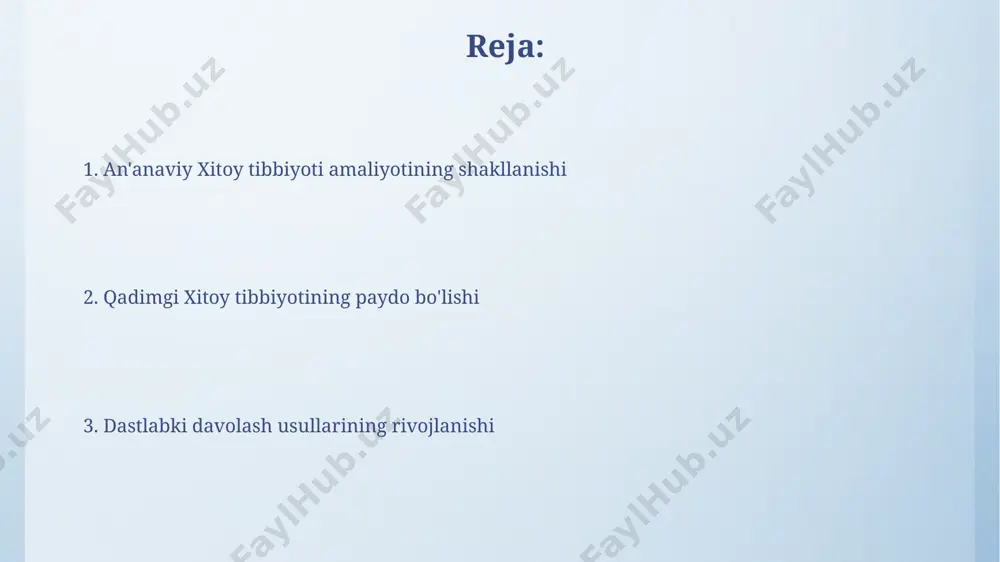 axminan miloddan avvalgi 2000 yillarda, energiya muvozanati tushunchasi – qigong amaliyotlari orqali 5 asosiy element (yog‘och, olov, tuproq, metall, suv)ning uyg‘unligini ta’minlashga asoslangan. an'anaviy xitoy tibbiyotining zamonaviy dunyoda qoʻllanilishi an'anaviy xitoy tibbiyotida ishlatiladigan tayyorgarlik usullari, masalan, tayyorlash va qaynatish, yaponiya va koreya kabi osiyo mamlakatlarining zamonaviy tibbiyotiga ta'sir ko'rsatgan. xitoy o'simlik dorilaridan tayyorlangan 5000 dan ortiq turdagi dori-darmonlar dunyo bo'ylab, xususan osiyo mamlakatlarida, turli kasalliklarni davolashda qo'llanilmoqda. "saraton" (neijing) asarining ahamiyati neijingdagi “saraton” tushunchasi zamonaviy onkologiya bilan to’liq mos kelmasa-da, uning simptomatik tasvirlari va davo usullari miloddan avvalgi 200 yildagi tibbiyotning yuksak darajasini ko’rsatadi. “saraton” (neijing)da 2000 yildan ortiq vaqt oldin, miloddan avvalgi davrda xitoyning turli mintaqalarida, jumladan, xanan va shanxi provinsiyalarida uchraydigan kasalliklar haqida tasvirlar mavjud. diagnostika usullari va pulsni tekshirish miloddan avvalgi 100 yillar atrofida tuzilgan tibbiyot traktatlarida 3-4 yuz yilliklar davomida rivojlangan, pulsni tekshirish orqali "yin" va "yang" energiyalarning muvozanatini aniqlash usullari tasvirlangan. qadimgi xitoy shifokorlari, masalan, …