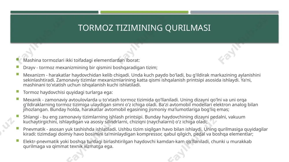 ga rioya qilishingiz kerak: diagnostika garaj xizmatida emas, balki aniq uskunalar bilan jihozlangan xizmat ko'rsatish stantsiyasida (ayniqsa, mashina murakkab elektron tizim bilan jihozlangan bo'lsa) va mutaxassislar ishlaydigan joylarda amalga oshirilishi kerak; tormoz suyuqligini almashtirish qoidalariga rioya qiling (ishlab chiqaruvchi tomonidan ko'rsatilgan - asosan bu har ikki yilda bir marta); tormoz disklarini almashtirgandan so'ng, faol tormozlanishdan saqlanish kerak; bort kompyuteri signallari paydo bo'lganda, xizmatga iloji boricha tezroq murojaat qilishingiz kerak; komponentlarni almashtirishda ishonchli ishlab chiqaruvchilarning sifatli mahsulotlaridan foydalaning; tormoz balatalarini almashtirishda, unga kerak bo'lgan barcha kaliper qismlarini moylang (bu mexanizmni ishlatish va o'rnatish yo'riqnomasida ko'rsatilgan); ushbu model uchun standart bo'lmagan g'ildiraklardan foydalanmang, chunki bu holda yostiqlar tezroq eskiradi; yuqori tezlikda og'ir tormozlanishdan saqlaning. e’tiboringiz uchun rahmat image1.jpeg image2.jpeg image3.jpeg image4.jpeg image5.png image6.jpeg image7.jpeg /docprops/thumbnail.jpeg