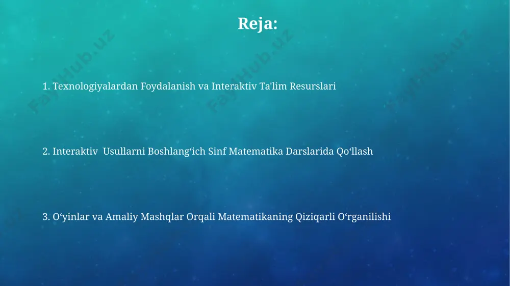 . o'quvchilarning qiziqishini oshirish matematik muammolarni hayotiy vaziyatlarga bog'lash, masalan, 20 ta olma 4 ta bolaga teng ravishda taqsimlash, mavzuga bo'lgan amaliy yondashuvni va shu orqali o'quvchilarning tushunishini yaxshilaydi va ularni jalb qiladi. o'yinlashtirilgan mashg'ulotlar, masalan, 5-7 yoshli bolalar uchun matematik tenglamalarni yechishda raqamli kartochkalar yoki domino o'yinlaridan foydalanish, ularning faol ishtirokini va qiziqishini sezilarli darajada oshiradi. amaliy mashg'ulotlar amaliy mashgʻulotlar, masalan, 5-sinf oʻquvchilari uchun geometrik shakllar bilan 3 oʻlchovli modellardan foydalanish orqali hajmlarni hisoblash amaliyotini oʻz ichiga olishi mumkin. 1-sinf oʻquvchilari uchun 10 ta sonni qoʻshish va ayirish amaliy mashgʻulotlarini oʻtkazishda, rangli bloklar yoki hisoblash tayoqchalari kabi qoʻshimcha vositalardan foydalanish samarali boʻladi. interaktiv usullarni qo'llashning ahamiyati o'yinlar, topshiriqlar va guruhlardagi ishlar kabi interaktiv elementlar 5-7 yoshli bolalar uchun matematik tushunchalarni o'zlashtirishni 20% tezlashtiradi va bilimning uzoq muddatli saqlanishiga yordam beradi. interaktiv usullar o'quvchilarning matematikaga bo'lgan qiziqishini 2-3 baravar oshirib, 80% ga yaqinroq darajada tushunishni ta'minlaydi, bu an'anaviy usullarga nisbatan …