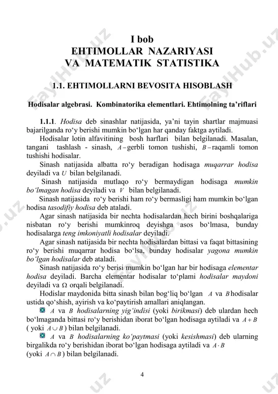 sa va shu kabi har bir )1( k marta tanlashdan keyin ka element kn usul bilan tanlangan bo‘lsa, u holda barcha elementlar kaaa ,...,, 21 tartibda knnn  ...21 usul bilan tanlanishi mumkin. n ta elementdan m ta ( nm 0 ) elementni tanlashning ikki sxemasi mavjud: takrorlashlarsiz (qaytarib qo‘yishlarsiz) va takrorlash (qaytarib qo‘yish) bilan. takrorlashlarsiz tanlash sxemasi n ta elementdan k tadan o‘rinlashtirish deb yoki elementlarining tartibi yoki ularning tarkibi bilan farq qiluvchi k ta elementdan tashkil topgan birikmaga aytiladi. 7 n ta elementdan k tadan o‘rinlashtirishlar soni   )!( !)1()....1( kn nknnnak n   tenglik bilan aniqlanadi. n ta elementli o‘rin almashtirish deb faqat tartibi bilan farq qiluvchi n ta elementdan tashkil topgan birikmaga aytiladi. n ta elementli o‘rin almashtirishlar soni quyidagi formula bilan topiladi: !nap n nn  n ta elementdan k tadan guruhlash deb hech bo‘lmaganda bitta elementi bilan farq qiluvchi k ta elementdan …