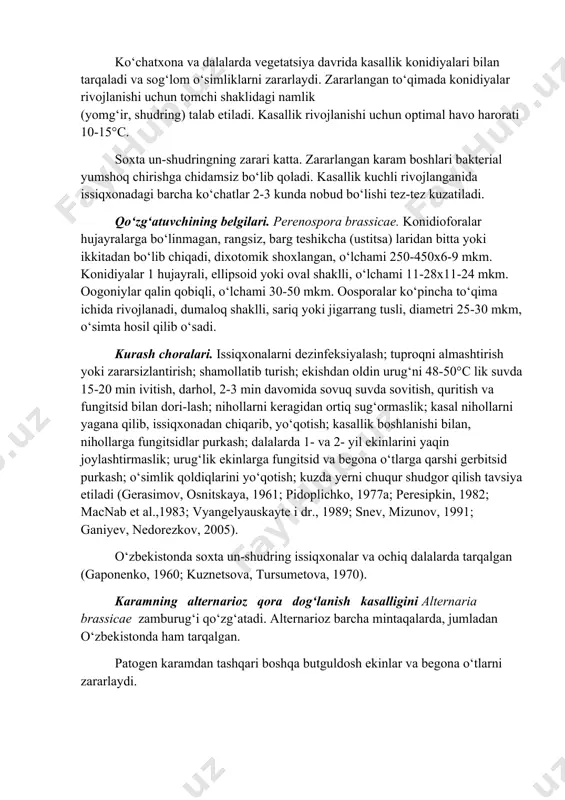 nishi zarur. bu kasalliklar bizning mamlakatimiz sharoitida ekinga sezilarli zarar yetkazishi haqida xabarlar mavjud emas. pussinia isiaciae. karamni patogenning etsiobosqichi zararlaydi. spermogoniylar dumaloq shaklli, rangsiz, so‘ngra sarg‘ayuvchi, diametri 200 mkm. etsiyalarning ko‘pchiligi bargning ostki tomonida, hamda barg bandlari, poya va mevalarda, sarg‘ish dog‘lar ustida joylashgan, guruh-guruh bo‘lib, birikib ketgan. etsiosporalar ko‘p bo‘lganida oq tusli, dumaloq yoki biroz uzunchoq shaklli, usti mayda so‘galchalar bilan qoplangan, o‘lchami 15-22 x15-20 mkm. zamburug‘ etsiobosqichida, karamdan tashqari lavlagi, ismaloq, turp, rediska va bodringni ham zararlaydi, deb hisoblashadi. uredinio- va teliobosqichlari qamishda (phragmites communis) rivojlanadi (pidoplichko, 1977a; vyangelyauskayte i dr., 1989). karamning soxta un-shudring (peronosporoz) kasalligini perenospora brassicae oomitset zamburug‘i qo‘zg‘atadi. patogen karamdan tashqari boshqa butguldosh ekin (rediska, bryukva, sholg‘om, turneps, kress-salat) va begona o‘tlarni (jag‘-jag‘ va b.) zararlaydi. karamning urug‘palla, nihol, yetilgan o‘simliklari va urug‘liklari kasallanadi. kasallik ayniqsa, yosh o‘simliklarga katta zarar yetkazadi. urug‘palla va barglarning ustki tomonida sariq, kulrang-sarg‘ish, noto‘g‘ri shaklli dog‘lar, ularning ostida …