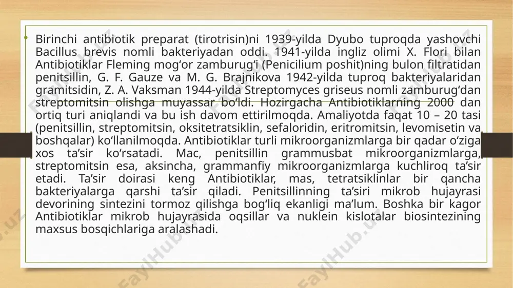 001 va undan kam) konsentratsiyalarda ta’sir etadi. antibiotiklar purkab ishlatilganda barglarga soʻrilishini kuchaytirish maqsadida eritmaga glitserin, sorbiton, dietilenglikol qoʻshiladi. image5.png image6.png image7.jpeg image3.png image4.png