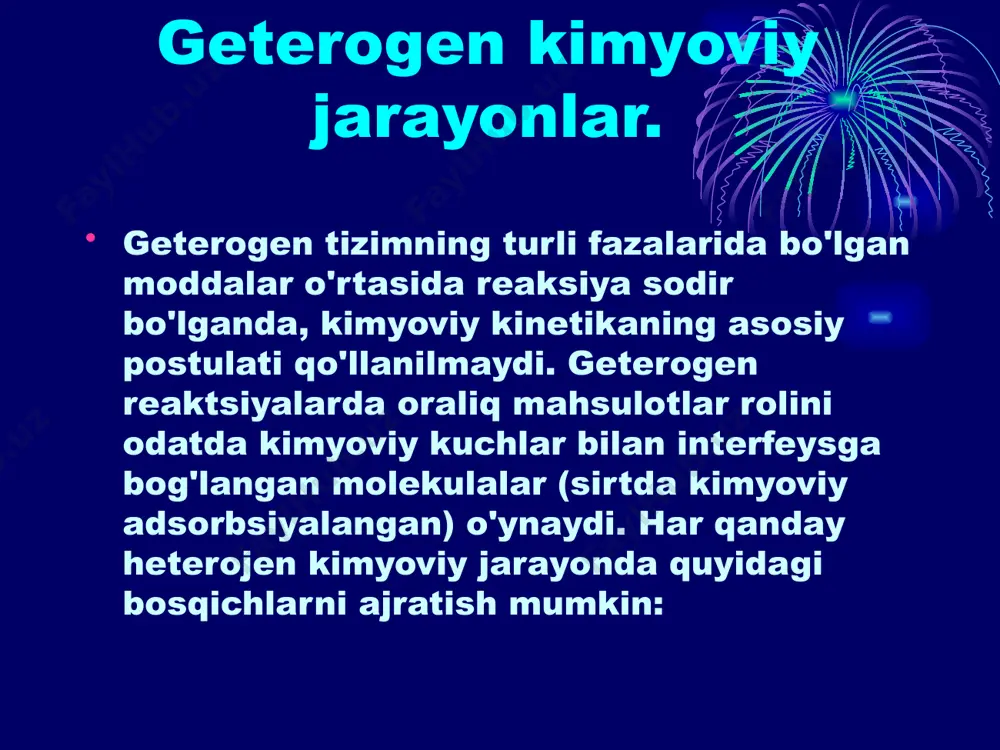 aollashishi (buning uchun zarur bo'lgan energiya jarayonning haqiqiy faollashuv energiyasidir): avc → avc . adsorbsiyalangan reaktsiya mahsulotlarini hosil qilish bilan faollashtirilgan kompleksning parchalanishi: abk → cdk. reaksiya mahsulotlarini katalizator yuzasidan desorbsiyalash: cdk → c + d + k. katalizator yuzasidan reaksiya mahsulotlarining tarqalishi. geterogen jarayonning mexanizmi. geterogen jarayoning umumiy qonuniyatlarini ko‘rib chiqamiz. murakkab jarayon bir qator parallel yoki birin-ketin o‘tadigan bosqichlardan tuzilishi mumkin. birin ketin o‘tadigan jarayon misol tariqasida metallni (masalan qo‘rg‘oshinni) kislorod bilan oksidlanish reaksiyasini ko‘rib chiqamiz. metall ikkita bir-biri bilan aralashmaydigan suyuqliklarning (shteyn 1, shlak 2) ostida joylashgan o2 o h2 cx h1 c0 2 shlak pb diffuziya yo’nalishi 1 shteyn qo’rg’oshin jarayonni statsionar deb qabul qilamiz. statsionar jarayonda reaksiyaga kirayotgan moddaning miqdori vaqtga bog‘langan emas, ya’ni har xil fazalardagi miqdori jarayon davomiyligida o‘z qiymatini saqlaydi. fikning birinchi qonuniga binoan, moddaning oqimi miqdorlikning gradientiga bevosita bog‘liqdir: agarda qarshilik koeffitsientlardan bittasi boshqalarga nisbatan o‘ta katta bo‘lsa, shu bosqich umumiy …
