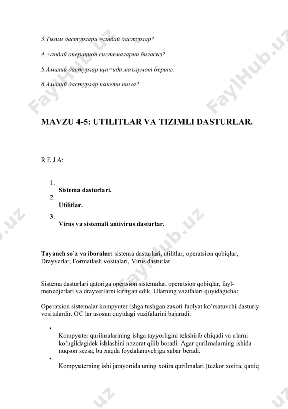 rni sanab o‘tish mumkin. sr(m va ms dos lar bitta foydalanuvchi va bir masalali operatsion sistemalardir. os(2 va windows esa ko‘p masalali bir foydalanuvchiga mo‘ljallangan. unix operatsion sistemasi ko‘p masalali va ko‘p foydalanuvchilarga mo‘ljallangan. nazorat savollari: 1.kompyutеr ишлаши учун =андай шарт зарур? 2.дастурий таъминот нечага былинади? 3.тизим дастурлари =андай дастурлар? 4.+андай операцион системаларни биласиз? 5.амалий дастурлар ща=ида маълумот беринг. 6.амалий дастурлар пакети нима? mavzu 4-5: utilitlar va tizimli dasturlar. r e j a: 1. sistema dasturlari. 2. utilitlar. 3. virus va sistemali antivirus dasturlar. tayanch so`z va iboralar: sistеma dasturlari, utilitlar, opеratsion qobiqlar, drayverlar, formatlash vositalari, virus dasturlar. sistema dasturlari qatoriga opertsion sistemalar, operatsion qobiqlar, fayl-menedjerlari va drayverlarni kiritgan edik. ularning vazifalari quyidagicha: operatsion sistemalar kompyuter ishga tushgan zaxoti faolyat ko’rsatuvchi dasturiy vositalardir. oc lar asosan quyidagi vazifalarini bajaradi: · kompyuter qurilmalarining ishga tayyorligini tekshirib chiqadi va ularni ko’ngildagidek ishlashini nazorat qilib boradi. agar qurilmalarning ishida nuqson sezsa, bu xaqda …