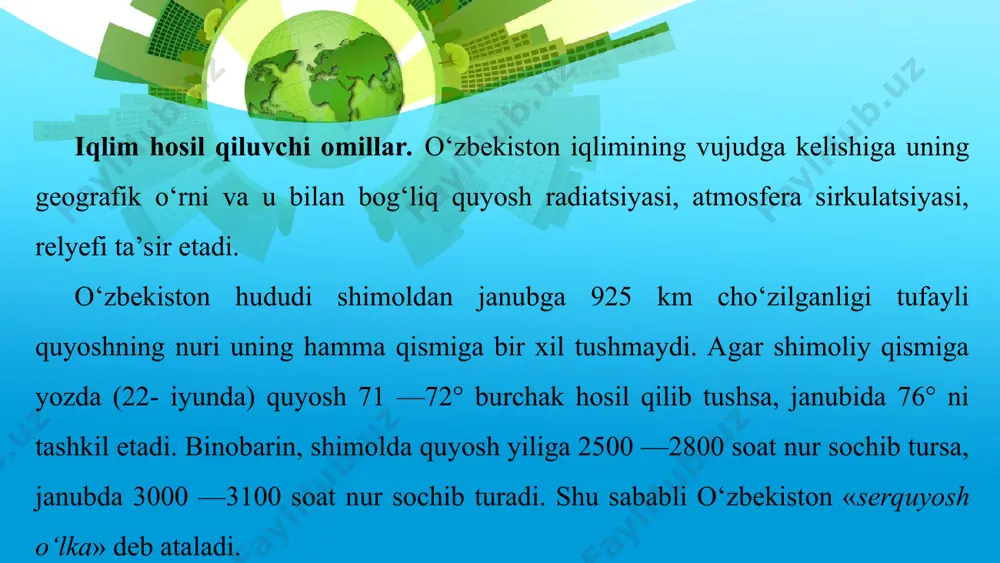 xondaryoda –20°c, òoshkentda –30°c, ustyurtda –38°c gacha pasayadi. umuman, tog‘larda, xususan, o‘zbekiston tog‘larida yuqoriga ko‘tarilgan sari harorat pasaya boradi. this presentation uses a free template provided by fppt.com www.free-power-point-templates.com yog‘inlarning taqsimlanishi. o‘zbekistonda yog‘inlar asosiy suv manbayi hisoblanib, hudud va yil fasllari bo‘yicha notekis taqsimlangan. bu, asosan, havo massalarining xususiyatiga, yerusti tuzilishiga, tog‘larning yo‘nalishiga va balandligiga bog‘liq. yog‘inlarni, asosan, atlantika okeanidan esuvchi nam havo massalari keltiradi. this presentation uses a free template provided by fppt.com www.free-power-point-templates.com o‘zbekistonda eng kam yillik yog‘in miqdori ustyurt, quyi amudaryo va qizilqumga to‘g‘ri kelib, 100 mm atrofida bo‘ladi. yog‘inlar miqdori sharq va janubi sharqqa tomon relyefning balandlashishi tufayli ortib boradi. o‘zbekistonning adir va tog‘oldi qismiga yiliga o‘rtacha 300 — 550 mm, g‘arbiy tyanshan, hisor-zarafshon tog‘larining janubi-g‘arbiy nam havoga ro‘para bo‘lgan yonbag‘irlariga 800 — 900 mm yog‘in tushadi. this presentation uses a free template provided by fppt.com www.free-power-point-templates.com o‘zbekistonda eng ko‘p yillik yog‘in g‘arbiy tyanshan va hisorning …