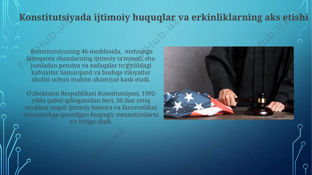 ublikasining konstitutsiyasi 26-moddasi keksalar va nogironlarga ijtimoiy yordam ko‘rsatishni davlatning majburiyati sifatida belgilab qo‘ygan bo‘lib, 2023-yil holatiga ko‘ra, bu sohaga 10 trillion so‘mdan ortiq mablag‘ yo‘naltirilgan. atrof-muhit muhofazasi va davlatning ijtimoiy javobgarligi o‘zbekiston respublikasining 2005-yildagi “atrof-muhit muhofazasi to‘g‘risida”gi qonuni, 17-moddasida davlatning atrof-muhitni muhofaza qilish bo‘yicha ijtimoiy majburiyatlarini aniq belgilab bergan. xorazm viloyatining amudaryo bo‘ylarida amalga oshirilayotgan ekologik loyihalar davlatning atrof-muhitni muhofaza qilishdagi 3 milliard so‘mlik investitsiyalarini aks ettiradi, bu ijtimoiy mas’uliyatning yaqqol namunasidir. bolalar huquqlari va davlatning majburiyatlari ўзбекистон конституциясининг 67-моддаси 18 ёшгача бўлган шахсларнинг ҳуқуқларини кафолатлайди ва уларнинг таълим олиши, соғлиғини сақлаш ва ижтимоий ҳимоясини таъминлаш давлатнинг асосий мажбурияти эканлигини белгилайди. давлат мактабгача таълим муассасаларининг 50% дан ортиғини давлат бюджети маблағлари ҳисобидан молиялаштириши, ҳудудий даражада болалар реабилитация марказларини кўпайтириш ва уларни замонавий тиббиёт ускуналари билан жиҳозлаш давлатнинг бола ҳуқуқларини таъминлаш бўйича амалий чораларига мисол бўлади. muhofaza qilinadigan ijtimoiy guruhlar ўзбекистонда 65 ёшдан ошган 2 миллиондан ортиқ фуқаро, шу жумладан, …