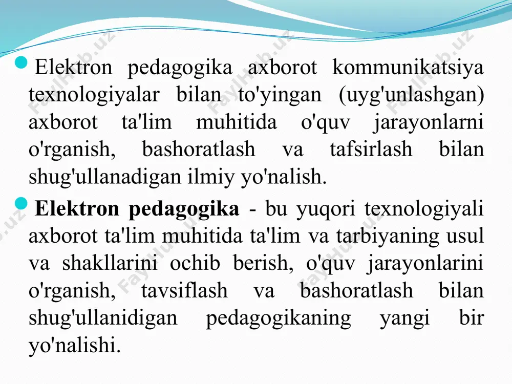 ekstga asoslangan va statik, dinamik rasmlardan iborat. 2. mashq qildiruvchi qism – xatolarni ko’rsatib beruvchi va to’g’ri xulosaga olib keluvchi. 3. nazorat qiluvchi – testlar orqali nazorat qiluvchi tizim asosida shakllanadi. . elektron darsliklar quyidagi asosiy xossalari bilan ajralib turadi: ta’limni va o’quv mashg’ulotlarini yuqori sifatli darajada olib borilishini ta’minlashi; mustaqil ta’lim olish va egallangan bilimlarni mustaqil baholash imkoniyatining berilishi; ma’ruza va amaliy mashg’ulotlarning uyg’unligi; axborot-ta’lim resurslarini rivojlantirish va tezkor yangilab borish imkoniyatining mavjudligi; matn, shuningdek, boshqa axborot materiallarini maxsus navigatsiya (gipermatn) va illyustratsiya (multimedia vositalari, rasmlar, diagrammalar va jadvallar) orqali taqdim etilishi. . elektron darsliklarning bu ikki turidan auditoriya mashg’ulotlarida ham foydalanish mumkin. ii. o’quv materiallarini taqdim etishi bo’yicha: tartibli va ixtiyoriy. tartibli elektron darsliklar ma’lum bir bo’lim o’quv materiallarini o’zlashtirmasdan keyingi bo’limga o’tishga imkoniyat bermaydi. iii. o’quv materiallari va axborotlarni yangilash bo’yicha: uzluksiz va davriy yangilanuvchi. uzluksiz ravishda yangilanadigan elektron darsliklar odatda elektron o’quv bazalar (portallar, veb-saytlar va …
