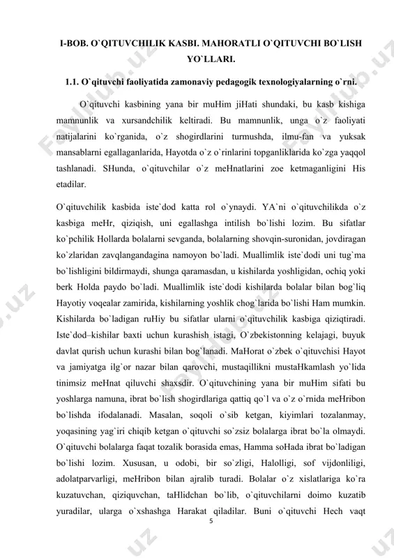 arning sog`ligi, psixik xususiyatlari, qiziqishlari, odobi, uydagi shart-sharoitlari, ularning ota-onalari haqida etarlicha ma`lumotga ega bo`lishi lozim. shu bilan birga bolalarning uylariga tez-tez borib turishi, bolalar haqida ularning ota-onalari bilan muloqotda bo`lib turishi pedagogik faoliyatning samaradorligini yanada oshiradi. yuqorida qayd qilinganidek, tasviriy san`at o`qituvchisi bolalarning psixologik xususiyatlarini yaxshi bilgandagina u kutilgan natijalarga erisha oladi. bu narsa ko`proq o`qituvchining kuzatuvchanligiga bog`liq. u faqat tevarak-atrofdagi voqea va hodisalarnigina emas, bolalarda va ularning harakatlarida sodir bo`layotgan jarayonlarni kuzatib borishi, ulardan tegishli xulosalar chiqarib olishlari, shunga yarasha tegishli choralar ko`rishi kerak bo`ladi. kuzatuvchan o`qituvchi bir vaqtning o`zida juda ko`p jarayonlarni hayolidan o`tkazadi. xususan, dars berayotganda, qaysi bola nima haqida o`ylayapti, nega shunday harakatlar qilayapti, rost gapirayaptimi yoki yolg`onmi, qaysi bolalarga yordam berish kerag-u, qaysinisiga shart emas, qaysi bolalar mashg`ulotga qiziqayaptilar, qaysilari yo`q v.b. o`qituvchining xotirasi yaxshi bo`lmasa, u o`qituvchilik qilishi mumkin emas. aks holda, bolalar o`rtasida ziddiyatlarni kelib chiqishi tabiiydir. o`qituvchi mashg`ulot jarayonida ko`p qirrali …