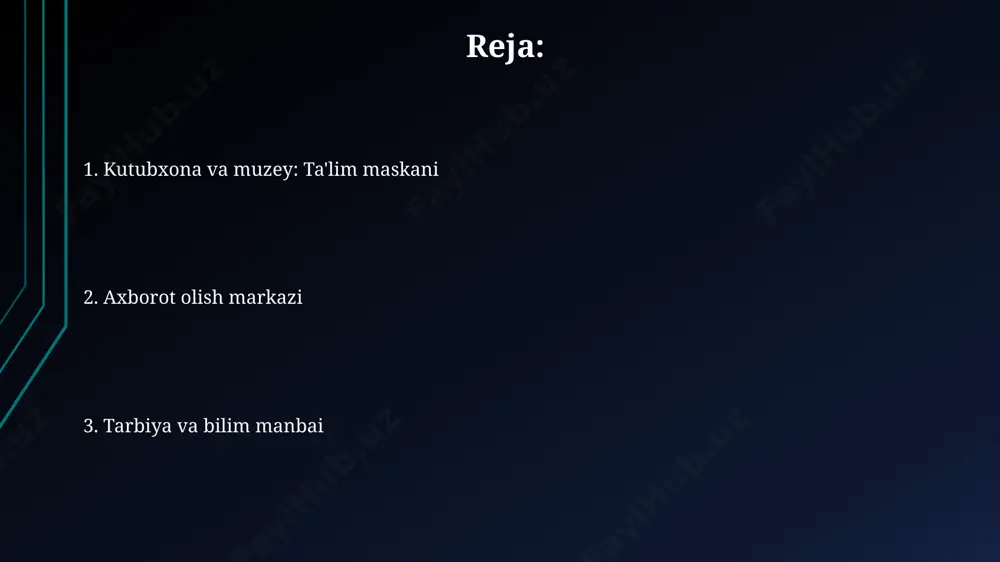 va chuqurroq tushuncha hosil qilinadi. 100 dan ortiq eksponat orqali tarix, madaniyat, san'at va fan sohalarida chuqur bilim olish imkoniyati mavjud bo'lib, har bir eksponatga batafsil ma'lumotlar berilgan. tarbiyaviy ahamiyati kutubxona va muzey ziyolilarning 70% dan ortig'i foydalanadigan, milliy madaniyat va tarixni o'rganishda muhim rol o'ynaydigan tarbiyaviy muhit yaratadi. kutubxona va muzeyning ijtimoiy-madaniy loyihalari, o'rtacha 200 dan ortiq ishtirokchini jalb qilib, axloqiy-ma'naviy qadriyatlarni singdirish va ijtimoiy faollikni rivojlantirishga xizmat qiladi. kutubxonaning zamonaviy imkoniyatlari onlayn kataloglar va elektron resurslarga kirish imkoniyati kutubxonaning geografiyadan mustaqil bo'lishini ta'minlaydi, 5000 dan ortiq elektron kitob va jurnallarga kirishni ta'minlaydi. kutubxonalarda 3d-modellashtirish va virtual reallik texnologiyalaridan foydalanish o'quv jarayonini boyitadi, 20% ga yaqin o'quvchilarning faol ishtirokini oshiradi. e'tiboringiz uchun rahmat @taqdimot_robot image1.jpg image2.jpg image3.jpg image4.jpg image5.jpg image6.jpg image7.jpg