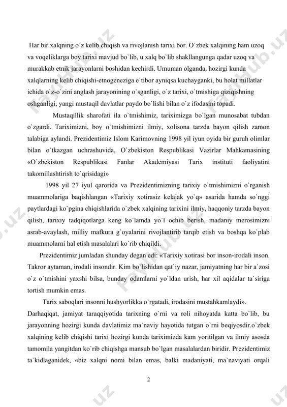ustahkamlaydi». darhaqiqat, jamiyat taraqqiyotida tarixning o`rni va roli nihoyatda katta bo`lib, bu jarayonning hozirgi kunda davlatimiz ma`naviy hayotida tutgan o`rni bеqiyosdir.o`zbеk xalqining kеlib chiqishi tarixi hozirgi kunda tariximizda kam yoritilgan va ilmiy asosda tamomila yangitdan ko`rib chiqishga mansub bo`lgan masalalardan biridir. prеzidеntimiz ta`kidlaganidеk, «biz xalqni nomi bilan emas, balki madaniyati, ma`naviyati orqali bilamiz, tarixni tag-tomirigacha nazar tashlaymiz». darhaqiqat, uch ming yillikdan ziyod davlatchilik tarixiga ega bo`lgan xalqimizning ildizlari asrlar qa`riga borib taqaladi. ma`lumki, «o`zbеkiston qadimgi tarixining juda katta davri yozma manbalarsiz, arxеologiya va antropologiyaga oid manbalarga tayangan holda o`rganiladi. qadimgi sharq yozma manbalaridan (o`ind, ossuriya va eron) ma`lumki, mil. avv. ii ming yillikning o`rtalari va oxirlari (bronza davri)-o`rta osiyo, afqoniston, o`indiston va eron tarixi-hind-eron qabilalari yoyilishi bilan boqliq bo`lgan. o`ind-eron qabilalari dastlab juda kеng hududlarda - volga, ural va janubiy sibir oraliqidagi еrlarda yashaganlar». tadqiqotchi t.xodjayov fikriga ko`ra, bronza davriga kеlib, o`rta osiyoning janubiy viloyatlarida baland bo`yli, boshi cho`zinchoq, yuzi …