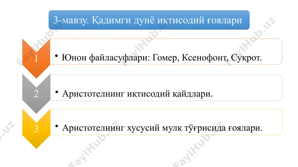 ксплуатация килиш, савдо ва пул xўжалигини ривожлантириш хисобига амалга оширилди. қулчилик ўз табиатига кўра инсонга ёт, у мажбурийликни талаб этган, окибатда маълум даврдан инкирозга учрай бошлаган. шу даврда иқтисодий ғоялар тобора реаксионлашиб, давлатни, аристократияни химоя килиш, натурал xўжаликни ёклаш йўлини танлайди, яъни синфий xарактерга эга бўла боради. бу йўналиш ксенофонт (таxминан м.а. 430-354 йй.), платон (афлотун, таxминан м.а. 427-347 йй.). аристотел (арасту, м.а. 384-322 йй.)ларнинг иқтисодий карашларида яккол намоён бўлди. «экономия» сўзи («ойкономия»: - «ойкос» - уй, xўжалик ва «номос» - конун, коида) том маънода уй xўжалиги тўғрисида коида мазмунига эга бўлиб, ксенофонтнинг маxсус асарининг сарлавхаси бўлган. ксенофонт қулдорлар мафкурасининг химоячиси хисобланади, қулчиликни табиий, объектив жараён деб бахолайди, қул меҳнатига асосланган натурал xўжаликни улуғлайди. у айникса кишлок xўжалиги, деҳқончиликни фаровонлик манбаи деб билган. деҳқончилик туфайли одамлар ўзларига хаёт учун керакли хамма нарсани оладилар. далада ишлаш соғлик учун хам фойдали (тоза хаво), хам иқтисодий наф келтиради. у рахбарлар ва ижрочилар меҳнатини …