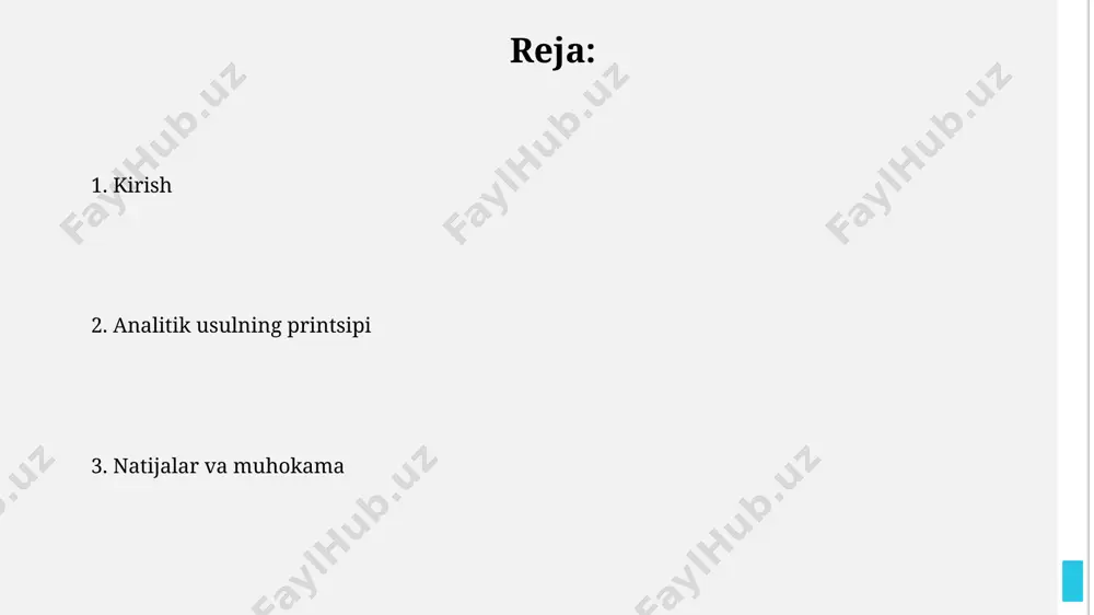 риш мақсадга мувофиқдир. натижалар ва муҳокама купрок 99,5% даражадаги аниқлик билан cu2+ катионининг концентрациясини 0,01м стандарт эритмаси орқали кулонометрик усул билан аниқланди. экспериментдаги токнинг ўртача кучи 1,5 ма бўлиб, бу электролиз жараёнининг самарадорлиги ва cu2+ катионининг тўлиқ электрокимёвий камайишини таъминлади. kirish кулонометрик титрлашда cu2+ катионининг тўлиқ электролизи учун керакли заряд миқдори, ионлар концентрацияси ва электролиз вақтига боғлиқ бўлиб, faraday qonuniga риоя қилади. ушбу метод юқори даражадаги аниқликка эга бўлиб, 0,1% дан кам хатолик билан cu2+ ионлари миқдорини аниқлаш имконини беради, бу унинг афзалликларидан биридир. тажриба тартиби купро тарозида тортилган мис анод электрод сифатида ишлатилади ва электролиздан кейин унинг массасининг ўзгариши аниқ 0,0001 г дақиқликда ўлчанади. электролиз жараёнида ток кучи 2-5 ма қийматида сақланиши ва электролиз вақти 30-60 дақиқагача чўзилиши мумкин. кулонометрияга кириш кулонометрияда электролиз жараёнида аниқ миқдордаги электр заряди ўтказилиши орқали аналит модданинг миқдорини аниқлашга асосланган, 1 кулон 6,24×10¹⁸ электронга тенг бўлади. кулонометрия потенциостатик ва галваностатик усулларда бажарилиши мумкин, потенциостатик …