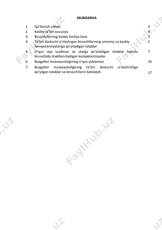 hli sohasida yanada yuqoriroq malakaga erishish maqsadida texnikum va oliy ta’lim muassasasida o‘qishni davom ettirishi mumkin. 2.4. o‘qishga qabul shartlari. o‘qishga qabul shartlari amaldagi qonunchilik asosida amalga oshiriladi. 3. bitiruvchilarning kasbiy faoliyati tavsifi 3.1. bitiruvchining kasbiy faoliyat sohasi: xo‘jalik yurituvchi sub’yektlarning xo‘jalik mablag‘lari va ularning tashkil topish manbalarini hisobga olish, xo‘jalik jarayonlarini amalga oshirish va hujjatlashtirish, buxgalteriya ma’lumotlarini qayta ishlash, tahlil va nazorat qilish, byudjet va byudjetdan tashqari mablag‘lar bilan hisob-kitoblarni amalga oshirish, soliq hisobini yuritish, moliyaviy hisobotlarni tayyorlash va taqdim qilish, moliyaviy holatini baholash. 3.2. bitiruvchining kasbiy faoliyat ob’yektlari: 3.2.1.buxgalter kvalifikatsiyasi bo‘yicha: xo‘jalik yurituvchi sub’yektlarning xo‘jalik mablag‘lari va ularning tashkil topish manbalari; xo‘jalik jarayonlari; xo‘jalik jarayonlarining natijalari; moliyaviy-iqtisodiy axborotlar; soliq haqida ma’lumotlar; moliyaviy hisobotlar. 3.2.2. g‘aznachi kvalifikatsiyasi bo‘yicha: kassa jarayonlari; kassa jarayonlariga doir hujjatlar; kassir hisoboti. 3.3. 40410101-buxgalter mutaxassisligi bo‘yicha ta’lim oluvchi quyidagi faoliyat turlariga tayyorlanadi: 3.3.1. buxgalter kvalifikatsiyasi bo‘yicha: xo‘jalik yurituvchi sub’yektlarning buxgalteriya hisobini belgilangan me’yoriy-huquqiy hujjatlar asosida …