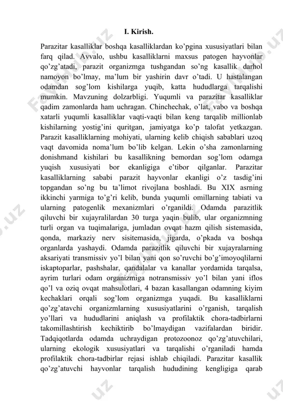 16 bazilari hatto santimetrlar bilan o’lchanadi. ularning ko’pchiligi yakka-yakka holda, ba’zi guruhlari koloniya bo’lib yashashga moslashgan. koloniya tarkibi bir necha dona hujayradan tortib, yuzlab, hatto minglab sonda bo’ladi. bir hujayrali hayvonlarning tanasi tashqi tomondan nozik membrana bilan o’ralgan. ba’zi guruhlarida ushbu membrananing qalinligi o’rtacha 75 a0 (angstrem) ga teng bo’ladi. ko’pchilik bir hujayralilarda membrana har xil qo’shimcha moddalar hisobiga qalinlashib, qobiqni hosil qiladi. bunday qobiq pellikula deb ataladi. bir hujayrali hayvonlarning tanasidagi eng asosiy struktur qismlar sitoplazma va yadrodir. sitoplazma ikki qavatdan - ektoplazma va endoplazmadan tashkil topgan. ektoplazma (tashqi qavat) ancha quyuq va tiniq plazmadir. endoplazma (ichki qavat) esa donador, nisbatan suyuq bo’lib, unda organoidlar va kiritmalar, jumladan mitoxondriylar, ribosomalar, endoplazmatik to’r, golji apparati, shuningdek, tayanch va qisqaruvchi tolachalar, ovqatni hazm qiluvchi va qisqaruvchi vakuollar, ba’zi guruhlarining endoplazmasida xromotoforalar ham joylashgan bo’ladi. bir hujayrali hayvonlarning aksariyatida bir dona yadro bo’ladi, lekin ayrim guruhlarida u 2 ta, ba’zilarida esa juda …