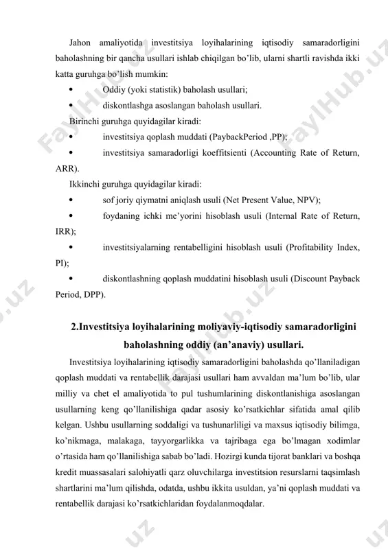 asoslangan baholash usullari. birinchi guruhga quyidagilar kiradi: · investitsiya qoplash muddati (paybackperiod ,pp); · investitsiya samaradorligi koeffitsienti (accounting rate of return, arr). ikkinchi guruhga quyidagilar kiradi: · sof joriy qiymatni aniqlash usuli (net present value, npv); · foydaning ichki me’yorini hisoblash usuli (internal rate of return, irr); · investitsiyalarning rentabelligini hisoblash usuli (profitability index, pi); · diskontlashning qoplash muddatini hisoblash usuli (discount payback period, dpp). 2.investitsiya loyihalarining moliyaviy-iqtisodiy samaradorligini baholashning oddiy (an’anaviy) usullari. investitsiya loyihalarining iqtisodiy samaradorligini baholashda qo’llaniladigan qoplash muddati va rentabellik darajasi usullari ham avvaldan ma’lum bo’lib, ular milliy va chet el amaliyotida to pul tushumlarining diskontlanishiga asoslangan usullarning keng qo’llanilishiga qadar asosiy ko’rsatkichlar sifatida amal qilib kelgan. ushbu usullarning soddaligi va tushunarliligi va maxsus iqtisodiy bilimga, ko’nikmaga, malakaga, tayyorgarlikka va tajribaga ega bo’lmagan xodimlar o’rtasida ham qo’llanilishiga sabab bo’ladi. hozirgi kunda tijorat banklari va boshqa kredit muassasalari salohiyatli qarz oluvchilarga investitsion resurslarni taqsimlash shartlarini ma’lum qilishda, odatda, …