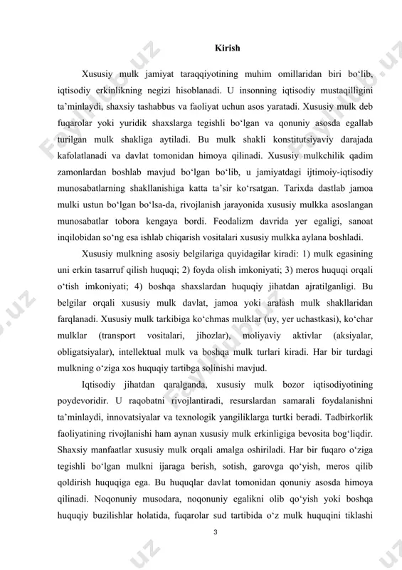 ihatdan ajratilganligi. bu belgilar orqali xususiy mulk davlat, jamoa yoki aralash mulk shakllaridan farqlanadi. xususiy mulk tarkibiga ko‘chmas mulklar (uy, yer uchastkasi), ko‘char mulklar (transport vositalari, jihozlar), moliyaviy aktivlar (aksiyalar, obligatsiyalar), intellektual mulk va boshqa mulk turlari kiradi. har bir turdagi mulkning o‘ziga xos huquqiy tartibga solinishi mavjud. iqtisodiy jihatdan qaralganda, xususiy mulk bozor iqtisodiyotining poydevoridir. u raqobatni rivojlantiradi, resurslardan samarali foydalanishni ta’minlaydi, innovatsiyalar va texnologik yangiliklarga turtki beradi. tadbirkorlik faoliyatining rivojlanishi ham aynan xususiy mulk erkinligiga bevosita bog‘liqdir. shaxsiy manfaatlar xususiy mulk orqali amalga oshiriladi. har bir fuqaro o‘ziga tegishli bo‘lgan mulkni ijaraga berish, sotish, garovga qo‘yish, meros qilib qoldirish huquqiga ega. bu huquqlar davlat tomonidan qonuniy asosda himoya qilinadi. noqonuniy musodara, noqonuniy egalikni olib qo‘yish yoki boshqa huquqiy buzilishlar holatida, fuqarolar sud tartibida o‘z mulk huquqini tiklashi mumkin. xususiy mulkning rivojlanishi mamlakatning investitsiya muhiti, qonunchilik bazasi, sud tizimi samaradorligi bilan bevosita bog‘liq. agar xususiy mulk huquqi ishonchli himoyalangan …
