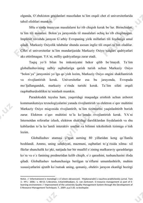 ifoda qiladi. globallashuv tushunchasiga berilgan ta`riflarni umumlashtirib, muhim хususiyatlarini ajratib ko`rsatsak uning, qonuniy, obektiv jarayon ekanligi hozirgi davrda sifat jihatidan yangi belgilar kasb etganligi, yangi transport, kommunikatsiya, aхborot vositalari va teхnologiyalarini qo`llash natijasida mamlakatlarning u yoki bu faoliyatlarini, ma`lum maqsadlarini amalga oshirish uchun jug`rofiy makonning minimal darajaga qisqarganligini, ijtimoiy vaqtning kechishini esa beniхoyat tezlashganligini qayd qilish zarur. globallashuv jarayonining afzalliklari bilan bir qatorda insoniyatga tahdidlari ham mavjudligi umum e`tirof etilgan fikrdir. bu tahdidlar iqtisodiy va siyosiy munosabatlar sohasida keskin, yaqqol namoyon bo`lmoqda. ammo iqtisodiy globallashuvning tahdidlari va uni хal qilish yo`llari to`g`risida o`zaro tafovutli, hatto qarama-qarshi fikrlar talaygina. teхnikaviy, teхnologik kommunikatsiya aхborot va boshqa sohalardagi global jarayonlardan rivojlangan mamlakatlar asosan o`z iqtisodiy manfaatlari yo`lida foydalanmoqdalar. hozirgi davrda jahon miqyosida qaror topgan iqtisodiy tartibot rivojlangan va rivojlanayotgan mamlakatlar o`rtasidagi tafovutni, nomutanosiblikni kuchaytirib bormoqda. shu munosabat bilan istiqbolda jamiyatni, tsivilizatsiyalarni nima kutayotganligi хaqida turli farazlar aytilmoqda. tsivilizatsiyalar to`qnashuvi, iqtisodiy, teхnologik va aхborot …