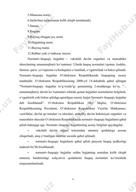 ishlab chiqayotgan organ, qoida tariqasida, loyihani tayyorlash yuzasidan komissiya tuzadi; · normativ-huquqiy hujjatlar loyihalarini tayyorlashga manfaatdor davlat organlari, ilmiy muassasalar va boshqa tashkilotlarning vakillari, ayrim fuqarolar jalb etilishi mumkin; · normativ-huquqiy hujjatlarni qabul qiluvchi organ bir necha davlat organlari, ilmiy muassasalar va boshqa tashkilotlarga ayrim fuqarolarga muqobil loyihalar tayyorlashni topshirishga yoki ular bilan shartnomalar tuzishga, shuningdek, eng yaxshi loyiha uchun tanlovlar eʼlon qilishga haqlidir; · vazirliklar, davlat qoʻmitalari va idoralarining normativ-huquqiy hujjatlar loyihalarini tayyorlash boʻyicha ishini muvofiqlashtirib turish oʻzbekiston respublikasi adliya vazirligi tomonidan amalga oshiriladi; · normativ-huquqiy hujjatlarning matni loʻnda, oddiy va ravon tilda bayon etiladi. normativ-huquqiy hujjatlarda uni amalga oshirishning huquqiy vositalari, shu jumladan, moliyalashtirish manbalari, ragʻbatlantirish, mukofotlash va nazorat qilish chora-tadbirlari va shahrik. koʻrsatilishi mumkin. normativ-huquqiy hujjatlar agar uning matnida boshqa izoh berilmagan boʻlsa, muddatsiz amal qiladi. normativ-huquqiy hujjatlar amal qilishining vaqtinchalik muddati butun hujjat uchun yoki uning qismlari uchun belgilanishi mumkin. normativ-huquqiy hujjatlarning amal qilishi oʻzbekiston respublikasi …