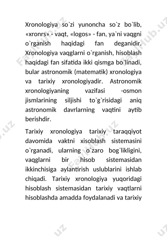 nashr qilindi. xix asr oxirlarida d.i.prozovskiy nasroniylikkacha bo`lgan davrda slavyan – rus vakt hisobi va qadimgi rusda soatni hisoblash asoslarini ishlab chikdi. xx asrga kelib, xronologiya tarixning asosiy yordamchi fanlaridan biriga aylanadi. bu davrda quyosh, oy-quyosh kalendarlariga doir tadkiqotlar yuzaga keladi. 1906-1914 yillarda nemis olimi. ginsel uch jilddan iborat «matematik va texnik xronologiya» nomli kitobini yozadi. zamonaviy xronologiyaning rivojlanishida e.meyyer (1904), r.parker (1950) (misr kalendarlari), m.m.underxil (1921) hindlarda xronologiya fani, m.maler yaxudiy kalendarlari, s.g.morley (1954) mayya xalklarida vakt hisobi, x.mitsman «rim xronologiyasi» (1957), e.bikerman «qadimgi dunyo xronologiyasi» (1966), r.noygebauer, a.ye.shtamp, v-grumel kabi tadqiqotchilarning xronologiya uslublari va nazariyasiga oid tadkiqotlari katga axamiyat kasb etdi. xix asr oxirlarida rossiyada yulian` kalendarini isloh qshshsh bo`yicha maxsus komissiya tuziladi. unga mashxur olim d.i.mendeleyev boshchilik kiladi. xx asr boshlarida xronologiya faniga oid ko`plab ilmiy tadqiqotlar olib borildi. n.v.stepanov «yangi uslub va provoslav pasxasi» (1907) kitobida yangi kalendarga o`tish zaruratini takidlaydi. olim tomonidan 1909-1915 yillarda rus …