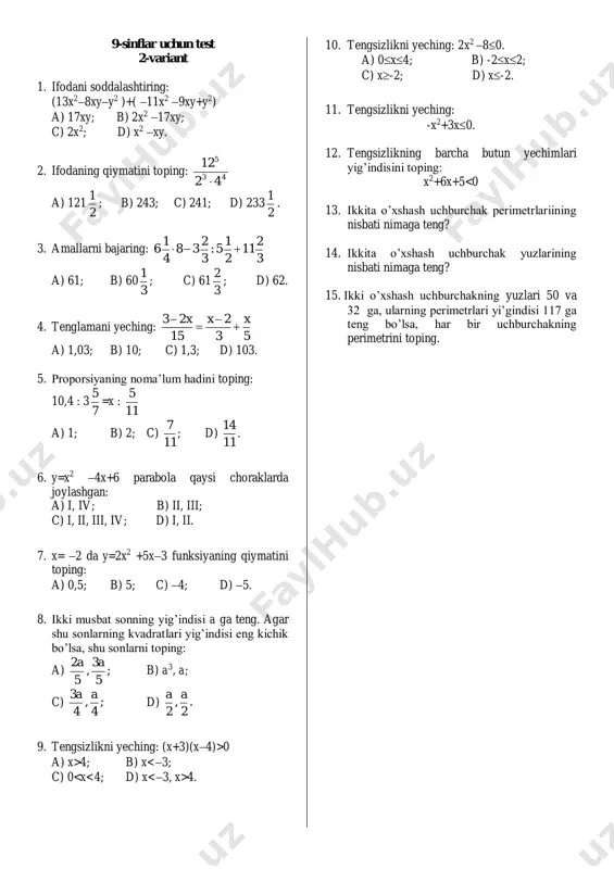 9-sinflar uchun test 1-variant - Page 2