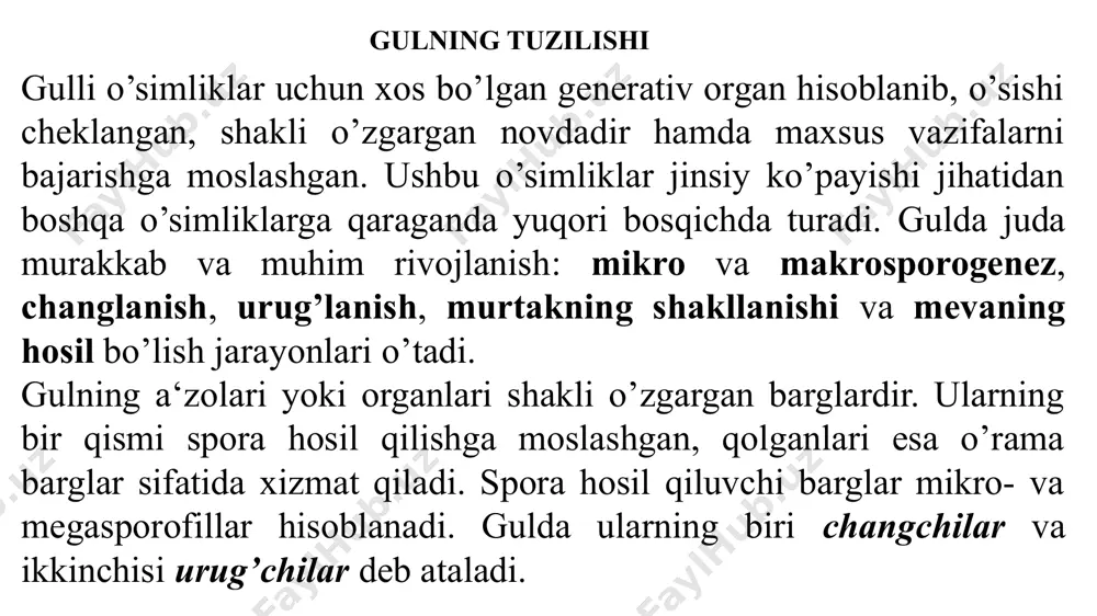 t sporofillar (changchilar, urug’chi) dan yuzaga kelgan gullar – apoxlamid yoki ochiq (qoplagichsiz) gullar deb ataladi (tol,shumtol va boshqalar). gulning tuzilishi changchilar. bular morfologik tabiati va funksiyasiga ko’ra mikrosporafillardan hosil bo’lgan. har bir changchi chang ipiga, ikkita chang xaltachalariga va bog’lag’ichga ega. chang xaltachalarida ikkita mikrosporangiy bo’ladi va ba‘zan ular chang uyalari ham deyiladi. demak, har qaysi changchi 4 ta mikrosporangiyga ega. changchisi rivojlanmay qolgan ba‘zi gullarga staminodiy deyiladi. masalan, zig’ir gulida ko’rish mumkin. guldagi changchilarning to’plami androtsey deb ataladi. changchilar gulda erkin yoki chang ipi bilan birikib o’sadi. gulning tuzilishi urug’chi yoki mevabargcha (karpella)lar. gulning o’rtasida mevabargchalar o’rnashgan bo’lib, ular megasporabargchalar hisoblanadi yoki urug’chi deyiladi. urug’chilarning to’plami genetsiy deb ataladi. urug’chining tumshuqchasi, ustunchasi va tugunchasi mavjud. urug’chi tumshuqchasi bir, ikki, uch va undan ortiq bo’laklarga bo’linishi mumkin, bu bo’laklar urug’chining nechta meva bargchadan hosil bo’lganligini bildiradi. urug’chining tumshuqchasi chang hujayralarini qabul qilib oladi, ya‘ni urug’chining tumshuqchasida changlanish jarayoni o’tadi. …