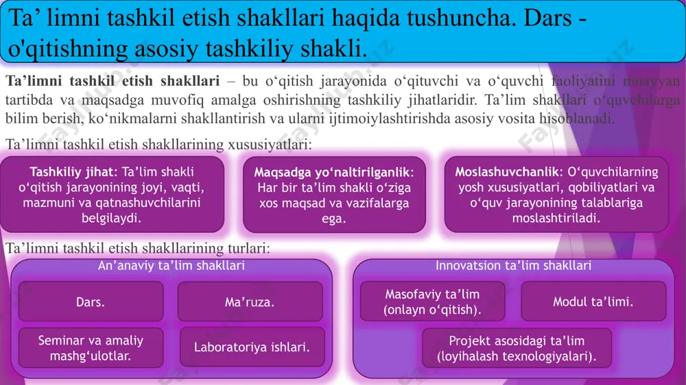 , material mantiqiy ketma-ketlikda o‘rgatiladi. darsga qo'yiladigan talablar. dars turlari va tuzilishi. o'qituvchining darsga tayyorgarligi. faollik: o‘quvchilar darsda faol qatnashishi, mustaqil fikrlashi va qiziqishi ta’minlanadi. b) psixologik talablar yoshga moslik: dars mazmuni va usullari o‘quvchilarning yosh xususiyatlariga mos bo‘lishi lozim. motivatsiya: o‘quvchilarni dars mavzusiga jalb qilish va qiziqishlarini uyg‘otish zarur. c) tarbiyaviy talablar axloqiy maqsadlar: dars davomida o‘quvchilarda ijobiy xulq-atvor va ma’naviy fazilatlarni rivojlantirish kerak. jamoaviylik: o‘quvchilarning bir-biriga yordam berish va hamkorlik qilish ko‘nikmalarini shakllantirish. d) tashkiliy talablar reja va vaqtni boshqarish: darsning har bir bosqichi uchun aniq vaqt ajratilishi lozim. resurslardan foydalanish: ko‘rgazmali qurollar, texnologiyalar va boshqa vositalardan samarali foydalanish. 2. dars turlari darsning turi uning asosiy maqsadi va vazifalariga bog‘liq. darslarni quyidagi turlarga bo‘lish mumkin: a) yangi bilim berish darsi maqsadi: yangi mavzuni tushuntirish va o‘quvchilarga bilim berish. tarkibi: kirish qismi: motivatsiya va mavzuga kirish. asosiy qism: yangi materialni tushuntirish. xulosa: mavzuni umumlashtirish va mustahkamlash. b) mustahkamlash darsi …