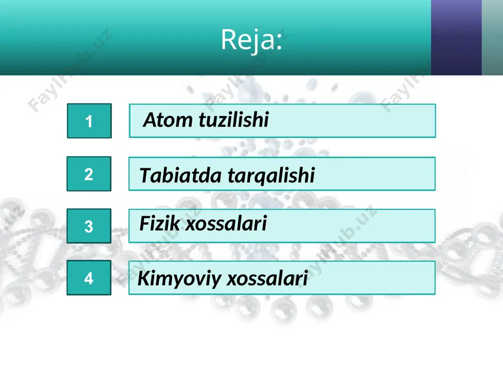 maydi, chunki u havoda tez oksidlanadi va uni yupqa, mustahkam oksid pardasi suv va boshqa oksidlanish holatidan himoya qilib turadi: 4al + 3o2 → 2al2o3 alyuminiy ko‘pchilik metallarning oksidlari bilan ham ta’sirlashadi. agar alyuminiy va temir (ii, iii)-oksidlarni aralashtirib, cho‘g‘lanib turgan sim tekkizilsa, juda shiddatli ekzotermik reaksiya sodir bo‘ladi: 8al + 3fe3o4 → 4al2o3 + 9fe + 3 300 kj ishlatilishi. alyuminiy va uning qotishmalari yengilligi va havo, namlik ta’siriga chidamli bo‘lganligi uchun xalq xo‘jaligida keng ishlatiladi. masalan, dyuralyuminiy (95% al, 4% cu, 0,5% mg, 0,5% mn) po‘lat kabi mustahkam, lekin undan uch barobar yengil. alyuminiy qotishmalari raketa, aviatsiya, kemasozlik, temiryo‘l transporti, qurilish, asbobsozlikda ishlatiladi. image2.jpg image3.jpeg image4.jpeg image5.png image6.jpeg image7.jpeg image8.jpeg image9.jpeg image10.jpeg image11.jpeg image12.jpeg image13.jpeg image14.jpeg image15.jpeg image16.jpeg image17.jpeg image18.jpeg image19.jpeg image20.jpeg image21.jpeg image22.jpeg image23.jpeg image24.jpeg image25.jpeg image26.jpeg image27.jpeg image1.jpg