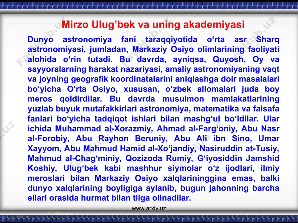 stronomik, trigonometrik, geografik va astrologik jadvallarni tashkil qiladi. so‘zboshi atigi ikki sahifadan iborat. unda rasadxona va "zij"ni tayyorlashda ishtirok etgan olimlar haqida gap boradi. nazariy qism esa to‘rt bo‘limdan(maqoladan) iborat bo‘lib, birinchi bo‘lim o‘sha paytda asosiy taqvimlardan hisoblanmish - hijriy, yezdigird, jaloliy(umar xayyom loyihasi bo‘yicha xi asrda malikshoh tomonidan isloh qilingan taqvim), xitoy, uyg‘ur va boshqa bir qancha taqvimlar hamda ularning biridan ikkinchisiga o‘tish haqidagi hisob-kitoblarni o‘z ichiga oladi. www.arxiv.uz www.arxiv.uz ikkinchi bo‘lim sferik va amaliy astronomiya masalalaridan tarkib topib, yoritgichlarning azimutlarini, makkaga tomon yo‘nalishni aniqlash hamda yerda aholi punktlarining geografik uzunlama va kenglamalarini hisoblash usullarini bayon qiladi. bu yerda mazkur jadvallarning tarkibi, ularning ishlatilishiga doir metodik ko‘rsatma va maslahatlar beriladi. uchinchi bo‘lim quyosh, oy va boshqa sayyoralarning harakat nazariyasiga bag‘ishlangan. ularning astronomik uzunlama va kenglamalar bo‘yicha o‘rinlarini aniqlash va u bilan bog‘liq hodisalar, xususan, quyosh va oy tutilishlari haqida gap boradi. nihoyat, to‘rtinchi bo‘lim uncha katta bo‘lmay, "boshqa astronomik …