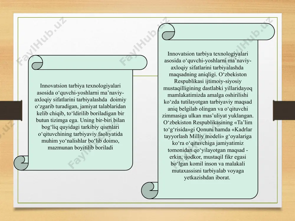 yaxshi va yomon, yoki insoniy munosabatlarini tez ajrata oladilar va bunga darhol o‘z “javoblarini” qaytaradilar. ijtimoiy va psixologik bilim va malakaga ega bo‘lish tarbiyachi-o‘qituvchida uddaburonlikni va sezgirlikni shakllantiradi. u o‘quvchilar jamoasini uyushtira oladi, o‘quvchilar qalbiga yo‘l topadi. chunki o‘quvchilar jamoasi umumiy maqsad asosida tashkil topgan, yuqori darajada uyushtirilgan birlashma bo‘lib, shaxs shakllanishining yetakchi omili sifatida ijtimoiy munosabatlar ichida muhimi hisoblanadi. bolalar orasidagi munosabatlarga mohirona rahbarlik qilish uchun tarbiyachi jamoaning ichki va jamoalararo ziddiyatlarni ham bilishi kerak. o‘quvchining jamoa bilan yaxshi munosabatda bo‘lishi uchun o‘qituvchi quyidagi omillarga e’tibor berishi shart: - har bir o‘quvchiga alohida pedagogik topshiriqlar qo‘yish; - jamoada o‘zaro xayrixohlik, o‘zaro yordam muhitini shakllantirish; - oilaning tarbiyaviy ta’siridan o‘z o‘rnida fodalanish; - o‘quvchilarning o‘zaro aloqalarini kuchaytiruvchi, ijodiy faoliyatini rivojlantiruvchi faoliyatlarini tashkil qilish; - o‘quvchilarga o‘zaro teng, adolatli munosabatda bo‘lish. agar tarbiyaviy vosita, usul va metodlar orqasida yetakchi g‘oya turmasa, texnologik tizim va ijtimoiy psixologik munosabatlar tizimi maqsadli tarbiyaviy natijalar …