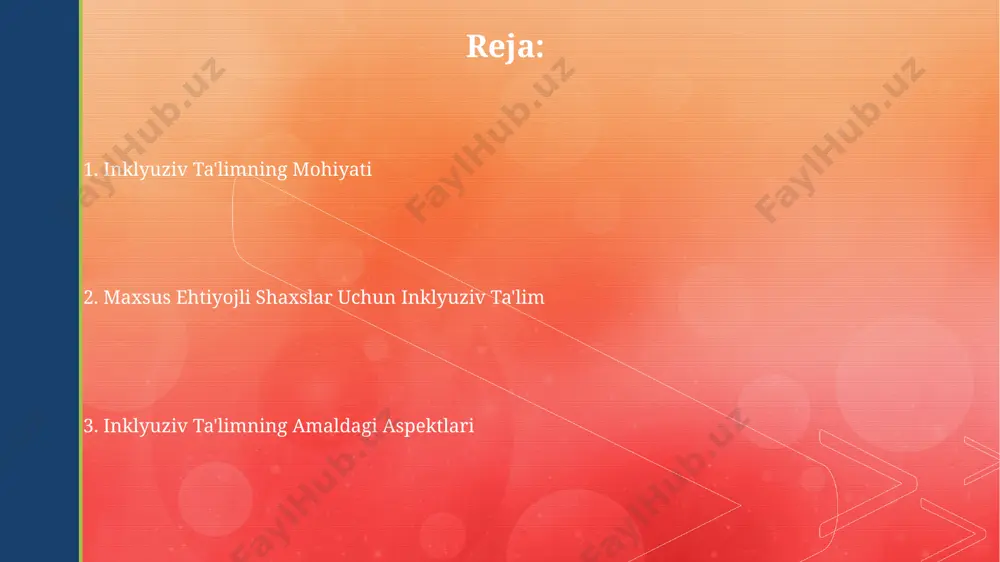 di. inklyuziv ta'limning mohiyati inklyuziv ta'lim, 10 dan ortiq turdagi maxsus ehtiyojlarga ega bolalarni umumta'lim maktablarida o'qitishni nazarda tutib, ularning individual ehtiyojlarini qondirishga qaratilgan. inklyuziv ta'lim modeli, bolalarning ijtimoiylashuvini 30% ga yaxshilaydi va ularning o'ziga ishonch hissini oshiradi, shu bilan birga akademik natijalarni yaxshilashga yordam beradi. inklyuziv ta'limni amalga oshirish inklyuziv ta'lim muvaffaqiyati uchun 5 dan ortiq mutaxassislar (defektologlar, psixologlar va boshqalar) jamoasi ishtirokida individual ta'lim rejalari tuzish zarur. inklyuziv ta'limni amalga oshirishda kamida 30% o'quvchilarga individual yondashuvni ta'minlash, shu jumladan, differensiatsiyalashgan ta'lim usullarini qo'llash muhim ahamiyatga ega. inklyuziv ta'limning afzalliklari tadqiqotlar shuni ko'rsatadiki, inklyuziv ta'lim, nevrologik rivojlanish buzilishi bo'lgan bolalarda 30% ga yaqin ijtimoiy ko'nikmalarini yaxshilashga yordam beradi. inklyuziv sinflarda turli xil o'quv uslublariga ega bo'lgan 15 dan ortiq o'quvchi birgalikda o'qish imkoniyatiga ega bo'lib, hamkorlik va o'zaro hurmat muhitini shakllantiradi. e'tiboringiz uchun rahmat @taqdimot_robot image4.jpg image5.jpg image6.jpg image7.jpg image8.jpg image9.jpg image10.jpg image2.png image3.png