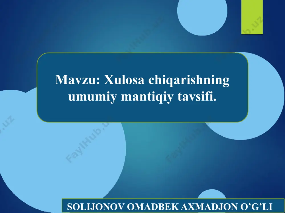 lil orqali yangi fikr (bilim)ni hosil qilish- bevosita deduktiv xulosa chiqarish, deb yuritiladi. yangi fikr (bilim)ga asos bo‘lgan mushohada xulosaning asosi, hosil bo‘lgan yangi fikrxulosa bo‘lib hisoblanadi bilvosita deduktiv xulosa chiqarish birdan ortiq asosdan yangi fikrni hosil qilish mantiqiy uslubi bilvosita xulosa chiqarish, deb yuritiladi. bilvosita xulosa chiqarish jarayonida inson fikri umumiylikdan yakkalikka, yakkalikdan umumiylikka, juzʼiylikdan juzʼiylikka qarab borishi mumkin oddiy qatʼiy sillogizm deduktiv xulosa aslida sillogizm bo‘ladi. sillogizm chiqarish shaklida qo‘shib maʼnoni hisoblash, anglatadi. degan bu termindan mantiqda, odatda, deduktiv xulosa chiqarishning ko‘proq ishlatiladigan turi hisoblangan sillogizmni oddiy ifoda qatʼiy qilish uchun foydalaniladi. sillogizm xulosa chiqarishning shunday shakliki, unda o‘zaro mantiqiy bog‘langan ikki qatʼiy mulohazadan uchinchi – yangi qatʼiy mulohaza zaruriy tarzda kelib chiqadi. bunda dastlabki mulohazalardan biri, albatta, yo umumiy tasdiq, yoki umumiy inkor mulohaza shunga ko‘ra umumiylikka bo‘ladi. sillogizmni asoslangan xulosa chiqarish, deb atasa bo‘ladi. masalan: hech bir xasis saxiy emas. baʼzi boylar xasisdir. bu mulohazalardan zaruriy …
