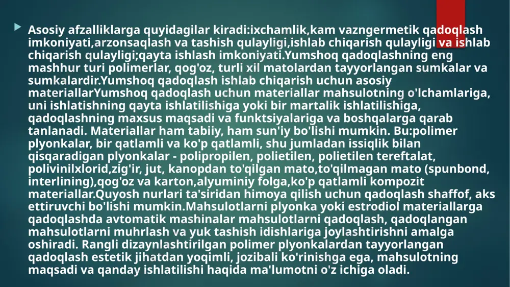 mahsulotlarning oqilona qadoqlanishini ta'minlaydigan turli shakl va dizayndagi transport idishlarini olish mumkin. qattiqligi tufayli idishni saqlash vaqtida minimal joy egallagan holda, qo'shimcha qurilmalardan foydalanmasdan osongina bir necha qatlamlarga yig'ish mumkin.qattiq yuk konteynerlarini ishlab chiqarishning asosiy usullari - bu quyish, termoformlash, aylanish kalıplama, shtamplash va payvandlash yordamida presslash.больше информации об этом исходном текстечтобы получить дополнительную информацию, введите исходный текстотправить отзывбоковые панели yumshoq yuk tashish konteynerimoslashuvchan yuk tashish konteynerlariga sumkalar, qutilar, qo'shimchalar, yumshoq yig'iladigan konteynerlar va shrink plyonkali qadoqlar kiradi.xaltalar har xil quyma mahsulotlar, kimyoviy o'g'itlar va pestitsidlar, urug'lar, donador mahsulotlar va bo'yoqlarni tashish va saqlash uchun keng qo'llaniladi. moslashuvchan konteynerlar quyma, donador, parcha va suyuq mahsulotlarni tashish va vaqtincha saqlash uchun ishlatiladi. ular kontrplak barabanlari, bochkalar, sumkalar o'rnini bosadi va temir yo'l platformalarida yoki suvda yuk bilan to'ldirilgan holda tashilishi mumkin. ulardan foydalanish qadoqlash operatsiyalarining murakkabligini kamaytiradi va yuklash va tushirish operatsiyalarini mexanizatsiyalash imkonini beradi.yumshoq plastik yuk tashish konteynerlarining afzalligi shundaki, …