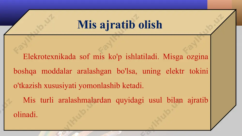 chun oltin tuzlari eritmasi, anod uchun oltin plastinka ishlatiladi (116-rasm). galvanoplastika elektroliz yordamida murakkab sirtli naqsh va buyumlarning metall nusxalarini olish mumkin. masalan, taxtaga o'yib ishlangan naqshning nusxasini olish kerak bo'lsin. buning uchun taxtaning naqsh solingan qismiga juda yupqa qilib grafig surkaladi, natijada uning bu tomoni tok o'tkazadigan bo'lib qoladi. tayyorlangan taxta mis kuporosi eritmasiga tushiriladi (117-rasm). bu taxta sirtidagi grafig sim orqali manbaning manfiy qutbiga ulanadi, ya'ni grafig qatlam katod vazifasini bajaradi. anod sifatida esa elektrolitga mis plastinka tushiriladi. elektrolitdan tok o'tkazilganda elektroliz natijasida ajralib chiqqan mis taxta sirtidagi grafit ustiga o'tiradi. grafig usti yetarli darajadagi mis qatlami bilan qoplangandan keyin elektroliz jarayoni to'xtatiladi va mis qatlam taxtadan ajratib olinadi. bunda mis qatlamning shakli taxta sirtidagi naqshning ne­gativ (teskari) tasviridan iborat bo'ladi. taxtadagi chuqur joylar mis negativda qavariq bo'lib, qavariq joylar esa negativda chuqur bo'lib chiqadi. bunday tarzda olingan negativ tasvir matritsa deb ataladi. «matritsa» lotincha so'z bo'lib, «ona» …