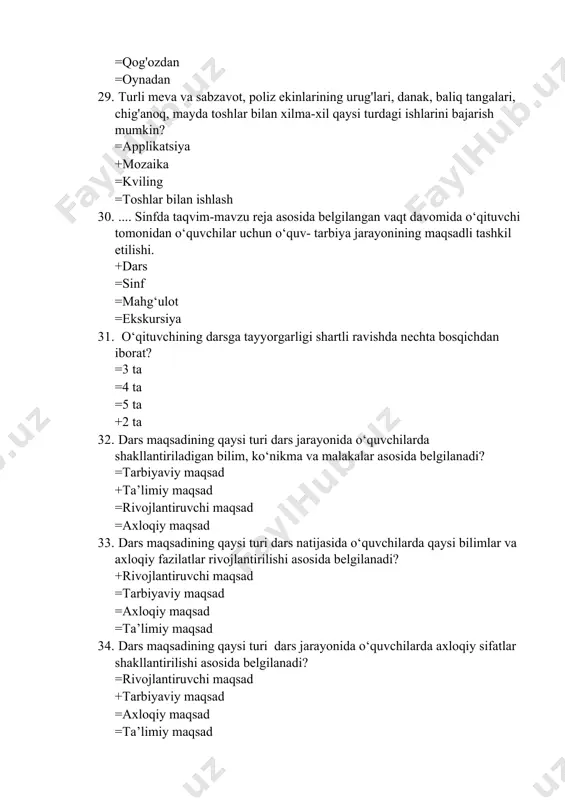 namoyish qilish qanday malaka hisoblanadi? +og‘zaki nutq malakasi =yozma nutq malakasi =anglash malakasi =o‘qish va tushunish malakasi 43. ibora (idioma)lar, maqol va aforizmlarning matnga qo‘shadigan hissasini aniqlay olish qanday malaka hisoblanadi? =og‘zaki nutq malakasi =yozma nutq malakasi +anglash malakasi =o‘qish va tushunish malakasi 44. xulosa chiqarish, xulosani matnda berilgan hodisaga bog‘lay olish qanday malaka hisoblanadi? +anglash malakasi =og‘zaki nutq malakasi =yozma nutq malakasi =tinglab tushunish malakasi 45. nutq tovushlarining ma’no farqlash vazifasini anglash va izohlay olish qanday malaka hisoblanadi? =og‘zaki nutq malakasi =yozma nutq malakasi =tinglab tushunish malakasi +lingvistik malaka 46. so‘roq gap, darak gap, undov gaplar va kinoya ohangidagi farqni tushunish qanday malaka hisoblanadi? =og‘zaki nutq malakasi =yozma nutq malakasi =tinglab tushunish malakasi +anglash malakasi 47. gaplarning ifoda maqsadiga ko‘ra turlarini farqlay olish va nutqda to‘g‘ri qo‘llay olish kompetensiyaning qaysi turiga kiradi? +lingvistik kompetensiya =nutqiy kompetensiya =anglash kompetensiyasi =texnologik kompetensiya 48. matnning asosiy mohiyatini aniqlay olish, matn yuzasidan savollar …