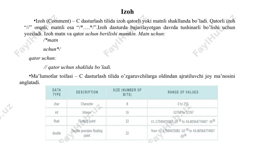 vr – ishlab chiqarishda ishlatishga moslashgan, 16-mi’s, 2-8kbli flash xotiraga ega. 3. mega avr – katta xajmli ishni bajarishga moslashgan mikrokontroller. atmega8 mkni sxemasi mk ishlashi uchun u quyidagi ko’rinishda energiya bilan ta'minlanadi. 5+ volt 7 oyoqchaga vccga ulanadi. 8 – oyoqchaga gnd umumiy chiqish, ya'ni manfiy (zemlya) ulanadi. kvars rezonatori 22 ‘f kondensatorlar orqali rv6 (9 – oyoqcha) va rv7 (10 – oyoqcha) portlarga ulanadi. bu yerda 9 – oyoqcha kirish (ya'ni musbat) 10 – oyoqcha chiqish (ya'ni manfiy) bo‘ladi mikrokontrollerlarni dasturlash tili assembler va uning komandalari tizimi. avr-mikrokontrollerlarining komandalar tizimiga arifmetik va logik operatsiyalar komandalari (instruktsiyalari), tarmoqlanish komandalari, dasturning ketma-ketlikda bajarilishini boshqarish komandalari, ma’lumotlarni uzatish komandalari va bitlar bilan bajariladigan operatsiyalar komandalari kiradi. umumiy komandalar tizimiga 130 dan ortiq instruksiyalar kiradi. mikrokontrollerlarning eski modellarida ba’zi bir komandalarni qo’llab bo’lmaydi. mikrokontrollerlarni dasturlash: bir kristalli mikrokontrollerlar asosida dasturiy ta’minotni tuzish jarayoni quyidagi bosqichlarni o’z ichiga oladi (4.15-chizma): - algoritmni va …