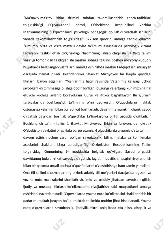 n bir qatorda orqali boshqa o‘quv fanlarini o‘zlashtirishga ham zamin yaratiladi. ona tili ta’limi o‘quvchilarning o‘zbek adabiy tili me’yorlari darajasida og’zaki va yozma nutq malakalarini shakllatirish, imlo va uslubiy jihatdan savodxon qilish, ijodiy va mustaqil fikrlash ko‘nikmalarini rivojlatirish kabi maqsadlarni amalga oshirishni nazarda tutadi. o‘quvchilarda yozma nutq ko‘nikmasini shakllantirish bir qadar murakkab jarayon bo‘lib, maktab ta’limida muhim jihat hisoblanadi. yozma nutq o‘quvchilarda savodxonlik, ijodiylik, fikrni aniq ifoda eta olish, qisqalik va tushunarlilik kabi asosiy asosiy sifatlarni shakllantirishga qaratiladi. savodxonlikda so‘z va tinish belgisini to‘g’ri yozish tushunilsa, yozma nutqda so‘zni ko‘rish va ko‘chirish, uning talaffuzi va eshitilishi orasidagi o‘zaro bog’liqlikni aniqlay olish nazarda tutiladi. xat-savod o‘rgatish ta’limning muhim bosqichi bo‘lib, bu davrda o‘quvchilarga to‘g’ri o‘qish, chiroyli yozish hamda o‘qiganlarini so‘zlab berish o‘rgatiladi. nutqni gaplarga, gapni so‘zlarga, so‘zni bo‘g’inlarga ajratish, tovushlarni eshitib va talaffuz qilib bir-biridan farqlash, so‘zda tovushlarning birin-ketinligiga e’tibor berishni ham bilib olishlari ta’minlanadi. o‘quvchilarning og’zaki nutqini rivojlantirish ishlari ham …