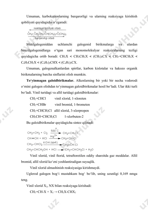 ch2=ch-ch2cl + 2nh3 ch2=chch2nh2 + nh4cl ishlatilishi: vinil xlorid, vinil ftorid, tetraftoretilen polimerlar olish uchun ishlatiladi. adabiyot: 1. o.ya.neyland organicheskaya ximiya. m.: «viysshaya shkola». 1990. c. 229-241, 245-248. 2. a.n.nesmeyanov, n.a.nesmeyanov nachala organicheskoy ximii. kniga 1. m.: 1969. c. 80-90. 3. dj.roberts, m.kaserio osnoviy organicheskoy ximii. chast 1. m.: «mir», 1978. s. 308-384. 4. a.terney sovremennaya organicheskaya ximiya. t. 1. m.: «mir», 1991. c. 167-252. 5. r.morrison, r.boyd organicheskaya ximiya. m.: «mir». 1974. s.446-475. 6. z.gauptman, yu. grefe, x. remane organicheskaya ximiya. m.: «ximiya». 1979. c.124-171, 283-302. 7. q.n. axmedov, x.y. yo‘ldoshev organik kimyo usullari. i-qism. t.: «universitet». 1998. 14-43 b. image6.wmf image7.png image8.png image9.wmf image10.png image11.wmf image12.png image13.png image14.wmf image1.wmf image2.wmf image3.wmf image4.wmf image5.wmf