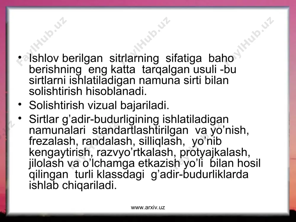n mo’ljallangan. g’adir- budurliklarni profilometr- profilografda o’lchashda ko’rsatishdagi ruhsat etilgan xatolik ± 10% ni qo’shimcha qurilmalardan faydalanilganda esa ±16%ni tashkil etadi. www.arxiv.uz www.arxiv.uz g’adir- budurlikning barcha parametrlari mod. 201 tipli profilometrda hosil qilingan profilogramma bo’yicha aniqlanishi mumkin. masalan, balandlik parametrlari 0,06-400 mkm (ra,rz,rmax) chegarada ,qadam parametrlari (sva sm) va tayanch sitr tp lar esa barcha son diapozanida aniqlanadi. yorug’lik kesimli optic asboblar (mis 11 va pss) da va rasterli o’lchash mikroskoplari (orim-1) da balandlik parametrlari 0,5 dan 80 mkm gacha chegarada, qadam parametrlarini 0,002 dan 8 mm gacha chegarada o’lchash mumkin. www.arxiv.uz www.arxiv.uz ishni bajarish yizasidan adabiyotlar. juravlev a.n. “dopusklar van texnik o’lchashlar”. –t.: o’q. 1979. ganevskiy g.m labaratorno-prakticheskiy raboti po predmeti “dopuski i texnicheskiy izmereniya”.- m.: vis.shk.1988. karabanova.i.a. “spravochnik po trudovomu obucheniyu” 5-7/pod.red.-m:. prosveshenie.1991. a.rahimov, o.e’shonov, s. turg’unov.”standartlashtirish asoslari van mahsulotlari sifatini boshqarish fanidan labaratoriya ishlarini bajarish bo’yicha mrtodik ko’rsatma”-namangan, 1991. berezin b.p. “ dopusk van texnik o’lchashlarga doir …