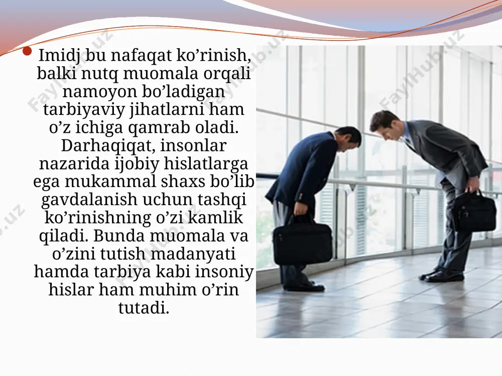 da e’tibor beriladi. kechki kostyum – shaffof va zargarlik buyumlari – faqat haqiqiy oltin taqinchoqlar bo’lishi kerak. italiyada biznes hamkori bilan tanishish biznes kartalarni almashtirishdan boshlanadi. fransiya fransiyada erkaklar asosan ishga bejirim va klassik kiyinishni maqul ko’radi. bu ularda ishchanlik belgisi hisoblanadi. bunyerda ishbilarmon ayollar zamonaviy va moda liboslarini hush ko’radi. tirnoqlarga, sochlarga va bo’yanishlarga alohida e’tibor berishadi. germaniya germaniyada hamma narsa cheklangan va konservativdir. klassik kostyumlar, tinch ranglar, zargarlik buyumlaridan mo’tadil foydalanish zarur. angliya angliya kabi mamlakatnining ish axloq qoidalari qat’iy va mehnatsevar. soxtalashtirilgan tovushlar va yuqori sifatli an’anaviy kastyum, minimal taqinchoqlar, lekin sezilarli darajada toza bo’yanish. aqsh aqshda har bir narsa o’rtacha moda sifatli bo’lishi zarur. klassik kostyum bu raqmni samarali ravishda ta’kidlashi kerak. baa bu yerda asosan klassik, ish kostyumi neytral ranglarda, bejirim va modaga erk bermagan ko’rinishda bo’lgani maqul. xulosa rahbar bu maxsus tayyorgarlik ko’rgan boshqarishning sir-asrorlarini, qonun qoidalarini puxta egallagan malakali mutaxasisdir. har bir rahbar …