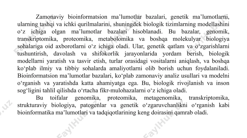hlang‘ich va ikkinchi darajali ma’lumotlar bazalariga asoslanadi. birlamchi ma’lumotlar bazalariga misollar: sequence read archive (sra): bu rnk-sekvenirlash (rna-seq), genom sekvenirlash (whole genome sequencing) kabi va boshqa sekvenirlash metodlaridan foydalangan holda olingan, sekvenirlangan ma’lumotlarni saqlovchi ma’lumotlar bazasi. genbank: bu genomik va metagenomik ma’lumotlarni o‘z ichiga olgan eng katta genetik ketma-ketlik ma’lumotlar bazasi. genbank da sekvenirlash natijasida olingan ishlov berilmagan nukleotid ketma-ketliklarini saqlaydi. proteomexchange: bu mass-spektrometriya tajribalari natijalarini saqlaydigan pride, peptideatlas va boshqalarni o'z ichiga olgan ma'lumotlar bazalari konsorsiumi. proteomexchange hali ishlov berilmagan mass-spektrometriya ma'lumotlarini, shuningdek, tahlil natijalarini o'z ichiga oladi. arrayexpress: bu genlarni mikrochiplash (microarray) va gen ekspressiyasi tajribalari natijalarini o'z ichiga olgan mikrochip texnologiyasi ma'lumotlar bazasi. arrayexpress xali ishlov berilmagan mikrochip (microarray) ma'lumotlarini, shuningdek tahlil natijalarini saqlaydi. protein ma'lumotlar banki (pdb): bu oqsillar va boshqa biomolekulalarning uch o'lchovli tuzilmalarining ma'lumotlar bazasi. pdb rentgen kristallografiyasi, nmr spektroskopiyasi va boshqa eksperimental usullar yordamida olingan oqsil tuzilishi ma'lumotlarini o'z ichiga oladi. ushbu ma'lumotlar …
