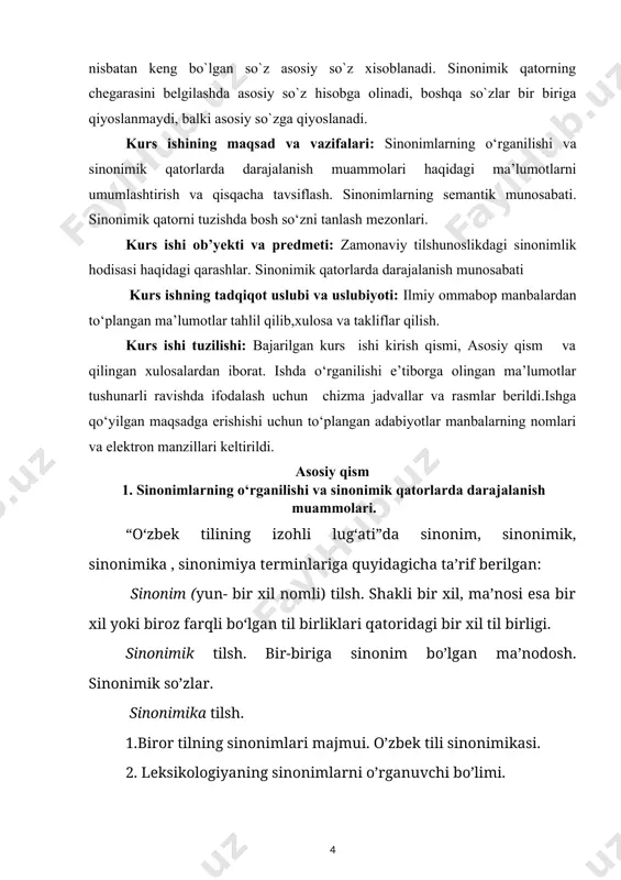 g u yoki bu turiga xoslanganligi bilan farqlanadigan sinonimlar. sinonimlarning turli xususiyatlarini o’rganish sohasida o’zbek tilshunosligida bir qator yutuqlarga erishilgan. shunga qaramasdan, akademik azim hojiyev sinonimlarning o’rganilishi tarixi haqida quyidagicha mulohaza bildiradi: “sinonimlar turli tillarda turli darajada o’rganilgan. bu masala ayrim tillarda ancha to’la o’rganilgan bo’lsa, ayrim tillarda, jumladan, o’zbek tilshunosligida deyarli ishlanmagan. tilshunoslikda bayon qilingan fikrlar bir-biriga ko’p hollarda mos kelmaydi. bu holat, avvalo, sinonimlarning ta’rifida ko’zga tashlanadi”. [footnoteref:3] [3: oxunjonova o. ta’lim bosqichlarida sinonimlar mavzusini о‘qitish metodikasi. pedagogika fanlari nomzodi dis. avtoreferati. – toshkent: 2009, 8-bet. ] sinonimlar va ulardan foydalanishga e’tibor uzoq davrlardan boshlangan. o‘z davrida buyuk mutafakkir va shoir, tilshunos va adabiyotshunos olim alisher navoiy “muhokamat ul-lug‘atayn” asarida sinonim so‘zlarning nutqni boyitishdagi rolini chuqur tahlil qilib bergan edi. o‘zbek tilshunosligida frazeologik- sinonimlarning turli xususiyatlarini o‘rganishga e’tibor xx asrda ancha kuchayganligi kuzatiladi. rus tilshunosligida xx asrda sinonimiya hodisasi bo‘yicha qilingan ishlar ko‘lami jahon tilshunosligida qilingan ishlarga nisbatan …