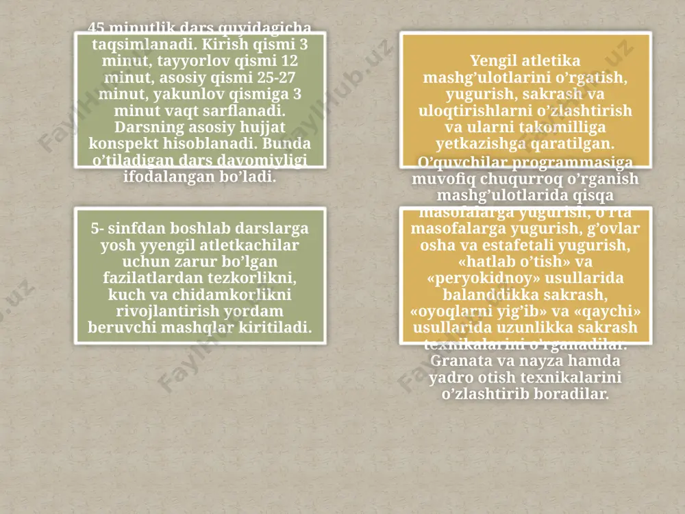 shqlar. texnikani o’rganish va takomillashtirishga mo’ljallangan mashqlar razminka ketidan, yengil atletikachi hali charchamagani holda bajariladi, ko’proq tezkorlikni oshirishga mo’ljallangan maxsus mashqlar, yugurish, sakrash va uloqtirish odatda qisqa vaqtli, lekin juda jadal bo’lib, atletdan bor kuchini ishga solishni so’raydi. texnikani o’rganish va tezkorlikni rivojlantirishga qaratilgan mashqlardan keyin har bir og’irliklar bilan og’irliksiz gimnastika asboblarda va shu kabi kuchni rivojlantiradigan maxsus mashqlar kiritiladi. mashg’ulotning asosiy qismi. maktab jismoniy tarbiya o’qituvchisining vazifalari juda ham ko’p, shuning uchun maktabdagi yengil atletikaning o’rnini ko’tarishda asosan maktab faoli yordamida foydalaniladi. maktabda ko’rgazmali foto – gazeta plakat, e’lonlar, radiogazeta va boshqa axborotlar yaxshi qo’yilgan bo’lishi kerak. " jismoniy tarbiya burchagi" sport zali yonida joylashgan bo’lishi kerak. har qaysi yangi axborotlar o’z vaqtida yetkazilishi lozim. o’quvchining familiyasi va ismi to’g’ri yozilishi shart, agar e’londa adashilgan bo’lsa shu o’quvchi xafa bo’lishi mumkin. musobaqa protokollari shu onda doskaga osilishi lozim, ma’lumotlar aniq va chiroyli yoziladi. mashgulotlarining vazifalari stendlar "musobaqa natijalari". …