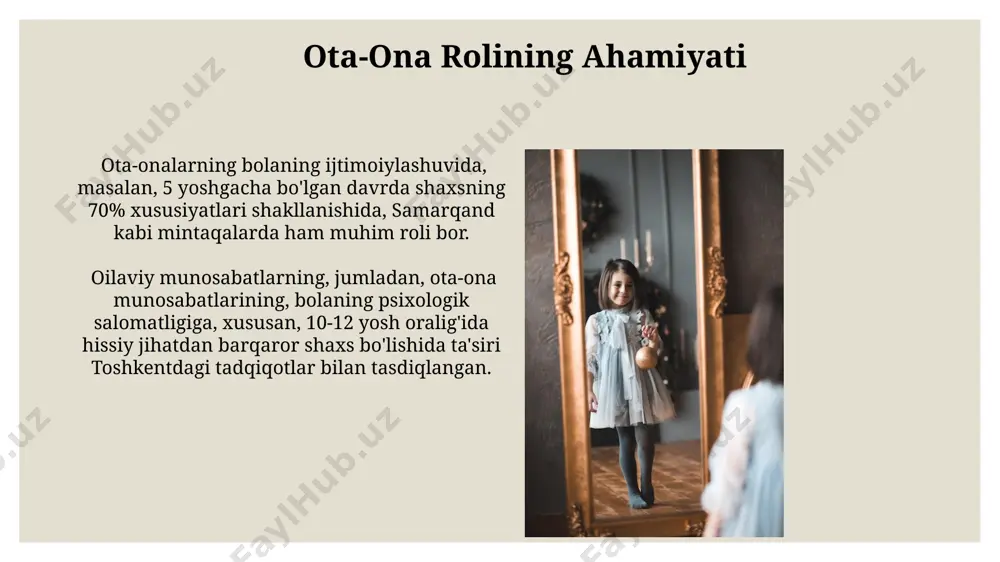 shuni tasdiqladi. oilaviy muammolar, masalan, ajralish yoki moliyaviy qiyinchiliklar, bolaning ruhiy salomatligiga salbiy ta'sir ko'rsatib, 30% gacha depressiya va tashvish holatlariga olib kelishi mumkin. bu andijon shahridagi bolalar psixologlari tomonidan tasdiqlangan. e'tiboringiz uchun rahmat @taqdimot_robot image3.jpg image4.jpg image5.jpg image6.jpg image7.jpg image8.jpg image9.jpg image10.jpg image11.jpg