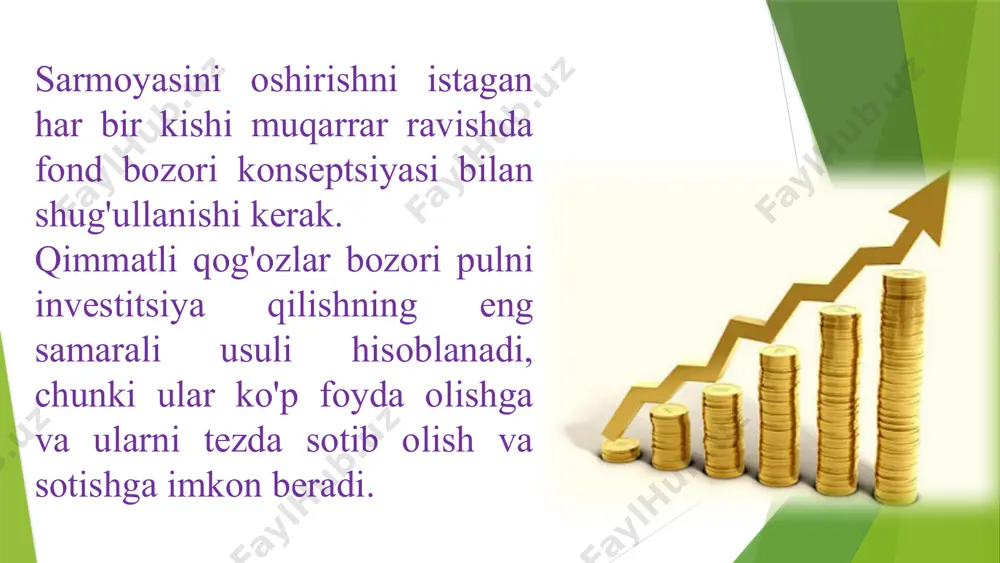adi. natijada, qarz majburiyatlari bo'yicha fond bozori ustunlik qiladi. aksiyalarning asosiy turi ro'yxatdan o'tgan sertifikatdir. bankdan tashqari modelning shubhasiz afzalligi bu-mamlakat iqtisodiyotini barqarorlashtirish va rivojlantirish uchun investitsiyalarni tezda yo'naltirish qobiliyatidir. bundan tashqari, barcha ishtirokchilarga bozorning holati to'g'risida tegishli va ishonchli ma'lumotlarni olish kafolatlangan. bugungi kunga kelib, amerika fond bozorining modeli universal model deb ataladi va boshqa barcha modellarning asosi hisoblanadi. bank faoliyati deb nomlangan fond bozori modelining ikkinchi turi germaniyada paydo bo'lgan. u turli banklar va shunga o'xshash tijorat tashkilotlarining fond bozoriga kirishni ta'minlaydi. dunyoda kamroq tarqalgan model, faqatgina 10% mamlakatlarda uchraydi. asosan, bank modeli evropa ittifoqi mamlakatlarida taqdim etilgan: fransiya, avstriya, shveytsariya va boshqalar. bu model ikkinchi jahon urushidan keyin kelib chiqqan bo'lib, unda ishtirok etayotgan mamlakatlar iqtisodiyotini tiklash banklarning ko'magi bilan amalga oshirilgan edi. boshqaruv faoliyati markaziy bank va moliya vazirligiga yuklatilgan. ushbu modelda qimmatli qog'ozlar bozorida yirik aksiyalar paketining monopol egalari ustunlik qiladi. qimmatli qog'ozlarning asosiy turi …