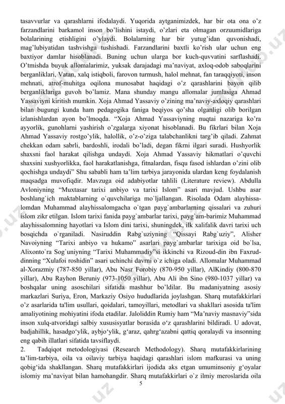 lingan bo’lib, o’stirdi, ziyoda qildi, rioyasiga oldi, rahbarlik qildi va isloh qildi ma’nolarini bildiradi. musulmon ulamolar “tarbiya”ni bir necha xil ta’rif qilganlar. jumladan, imom bayzoviy quyidagicha ta’riflaydi: “tarbiya bir narsani asta-sekin kamoliga etkazishdir”. rog’ib asfihoniy tarbiyani quyidagicha ta’rif qiladi: “tarbiya bir narsani bir holdan ikkinchi holga o’tkaza borib, batamomlik nuqtasiga etkazishdir. tarbiyaning ma’nolaridan biri, insonning diniy, fikriy va axloqiy quvvatlarini uyg’unlik hamda muvozanat ila o’stirishdir”. islomda bolalar tarbiyasi ota-onaning eng mas’uliyatli va uzoq davom etadigan burchlaridir. boshqa burchlar ba’zi ishlarni qilish yoki mulkni sarflash bilan oxiriga etadi. ammo tarbiya mas’uliyati bardavom bo’ladi. zotan, ota-onaning farzand ne’matiga haqiqiy shukrlari ham aynan tarbiya mas’uliyatini sharaf bilan ado etish orqali yuzaga chiqadi odob masalasini insoniyat tarixida to’laqonli ravishda islom boshlagan, desak mubolag’a qilmagan bo’lamiz. islomda kishining hayotidagi har bir narsaning o’z odobi bor. dunyodagi odobga bag’ishlangan asarlarning asosini va ko’piligini islom halqlari vakillari tomonidan yozilgan asarlar tashkil qiladi, degan gapda zarracha mubolag’a yo’q. …