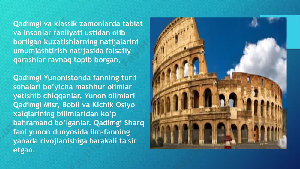 lar tomonidan yaratilgan har bir adabiy asar teatr sahnasi orqali o'z o'quvchilariga yetib borgan teatr aslida yunoncha so'z bo'lib, "tomoshalar joyi" degan ma'noni bildiradi. qadimgi yunon teatri ham san'atining bir turi bo'lib, miloddan avvalgi vi asrlarda paydo bo`lgan. teatr yunon madaniyatining eng ajoyib hodisalardan biridir. yunon teatri qishloq xo'jaligi homiyst bo'lgan xudo dionis sharafiga o'tkaziladigan bayramlar vaqtida ijro etiladigan xalq qo'shiqlari va o`yinlari asosida vujudga kelgan dionis bayramlar, toklar barg chiqargan bahorgi ko'klamgi dionisi va uzum pishgan kuzda - kuzgi dionisi bayramlari o'tkazilgan. ko'klamchi dionisi bizning navro'z, kuzgi dionisi esa mehrjon bayramlarimizga to`g`ri keladi. bayram vaqtida odamlar dionis haqidagi afsonalami ashula qilib aytib, afsonalardan olingan manbalari u yoki bu qiyofaga kirib ijro etganlar. namoyish ishtirokchilari qiziq-qiziq gaplar aytib, odamlarni kuldirar, ayrim odamlarni masxara qilib ko`rsatishar edilar tomoshant ko proq odamlar ko'ra olishlari uchun tepalik pastida ko`rsatilgan. afina va yunonistonning boshqa shaharlaridagi akropol-qal`a tepall gi pastida tomoshalar ko`rsatilgan. tomoshabinlar tepalik yon …