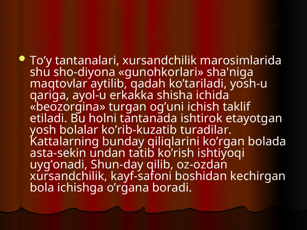 «may ichish tangri so’zi bilan man qilingan... u «yaramasliklar onasi»dir, unga berilish ham «yara-masliklar onasi» ko’chasiga olib keladi. yomonroq ichuvchi unga mag’lubroq, har qancha yomonligi ko’rinsa, uning qoshida sevimliroq. badmast uchun dam-badam ichish-dan qanday bahra borki, odamlikni o’ldirish uchun qadah-qadah zahar ichadi. bir qultum may mastlaridan tartibsiz ashula, telba itlar ulushganidan nishona»1, deydi hazrat alisher navoiy. «odam bolasi aqlli, g’ayratli bo’lib dunyoga keladi, lekin uning aqlini, g’ayrat va ijtihodini ichkilik bitiradi. dunyoda har narsani aksincha ko’rsatib turuvchi narsa ichimlikdir. bir kishiga ichkilik qadahini beruvchi odam u bechoraning vijdonini va bir oilaning umidini o’ldirib, eng buyuk jinoyat qilgan bo'ladi». har qanday jamiyatning iqtisodiy, ijtimoiy, madaniy va ma'naviy taraqqiyotiga zarba beruvchi illatlardan yana biri giyohvandlik hisoblanadi. giyohvandlik ham ichkilikbozlik singari inson salomatligining ashaddiy kushandasidir. e`tiboringiz uchun rahmat