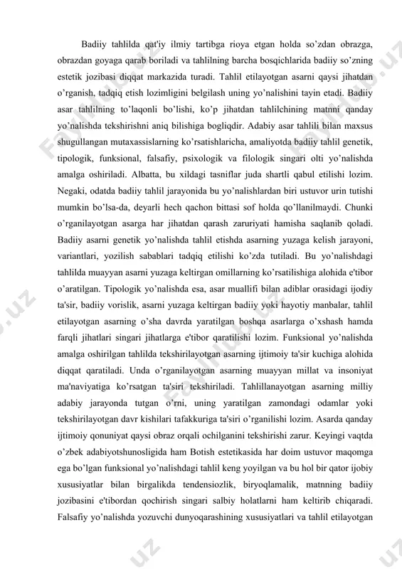 uchiga alohida diqqat qaratiladi. unda o’rganilayotgan asarning muayyan millat va insoniyat ma'naviyatiga ko’rsatgan ta'siri tekshiriladi. tahlillanayotgan asarning milliy adabiy jarayonda tutgan o’rni, uning yaratilgan zamondagi odamlar yoki tekshirilayotgan davr kishilari tafakkuriga ta'siri o’rganilishi lozim. asarda qanday ijtimoiy qonuniyat qaysi obraz orqali ochilganini tekshirishi zarur. keyingi vaqtda o’zbek adabiyotshunosligida ham botish estetikasida har doim ustuvor maqomga ega bo’lgan funksional yo’nalishdagi tahlil keng yoyilgan va bu hol bir qator ijobiy xususiyatlar bilan birgalikda tendensiozlik, biryoqlamalik, matnning badiiy jozibasini e'tibordan qochirish singari salbiy holatlarni ham keltirib chiqaradi. falsafiy yo’nalishda yozuvchi dunyoqarashining xususiyatlari va tahlil etilayotgan asarda adib e'tiqodining: olamni ko’rish, anglash, tushuntirish hamda aks ettirish tarzining namoyon bo’lishi tekshiriladi. lekin bunday tahlil badiiy matndan ayri falsafiy mushohadalardangina iborat bo’lib qolmasligiga e'tibor qilinishi kerak. chunonchi, badiiy matnga boglanmagan, ijodkorning ayni o’rganilayotgan asaridan kelib chiqmaydigan har qanday "chuqur ma'noli" xulosa tahlil uchun mutlaqo ahamiyat kasb etmaydi va o’rganilayotgan matnning na badiiy va na falsafiy jihatini …