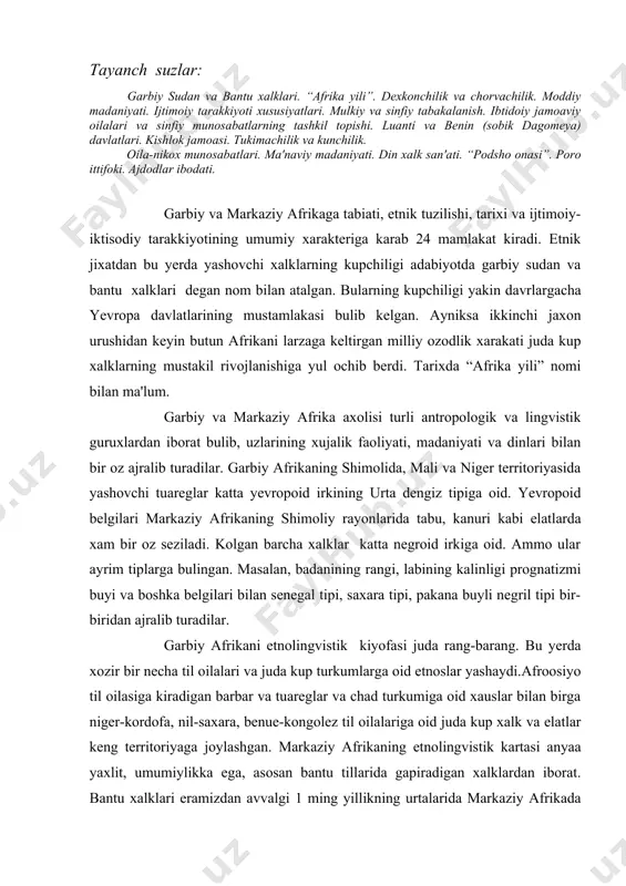 digan barbar va tuareglar va chad turkumiga oid xauslar bilan birga niger-kordofa, nil-saxara, benue-kongolez til oilalariga oid juda kup xalk va elatlar keng territoriyaga joylashgan. markaziy afrikaning etnolingvistik kartasi anyaa yaxlit, umumiylikka ega, asosan bantu tillarida gapiradigan xalklardan iborat. bantu xalklari eramizdan avvalgi 1 ming yillikning urtalarida markaziy afrikada paydo bulib, bu yerda kadimdan yashab kelgan pigmey va bushmenlarni yerlarini tortib olib yashay boshladilar. xozir markaiy afrikada 32 mln. bantu xalklari yashaydi. shulardan eng yirigi baluba, bakonga, ovim bundu, bambundu. garbiy afrikada xausa va unga yakin tilda gapiradigan xalklar 10 mln. kishi, benue-kongolez tilida xam 1 mln., volt tilida – 8 mln, garbiy atlantik tilida 10 mln. kishidan iborat. markaziy afrika xalklarining an'anaviy mashguloti dexkonchilik va chorvachilik bulib, 80 foiz axolining xozirgacha asosiy tirikchilik manbai xisoblanadi. kishlok xujaligida jamoachilik munosabatlari saklanib kelmokda. maxalliy dexkonchilik tropik iklimga moslashgan, urmonlarni chopib, ochilgan yerga kul aralash motiga bilan ishlov berib ekin ekiladi. buz …